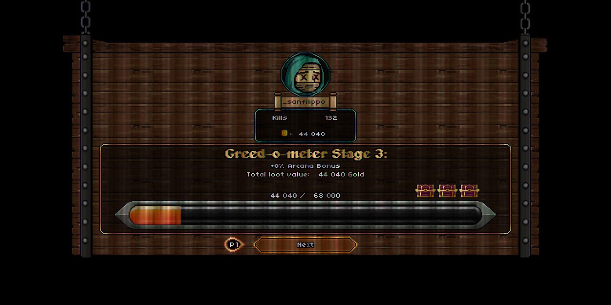 A Greed-o-meter tracks the Rogue's amount of gold saved after an unsuccessful run of Bravery And Greed.