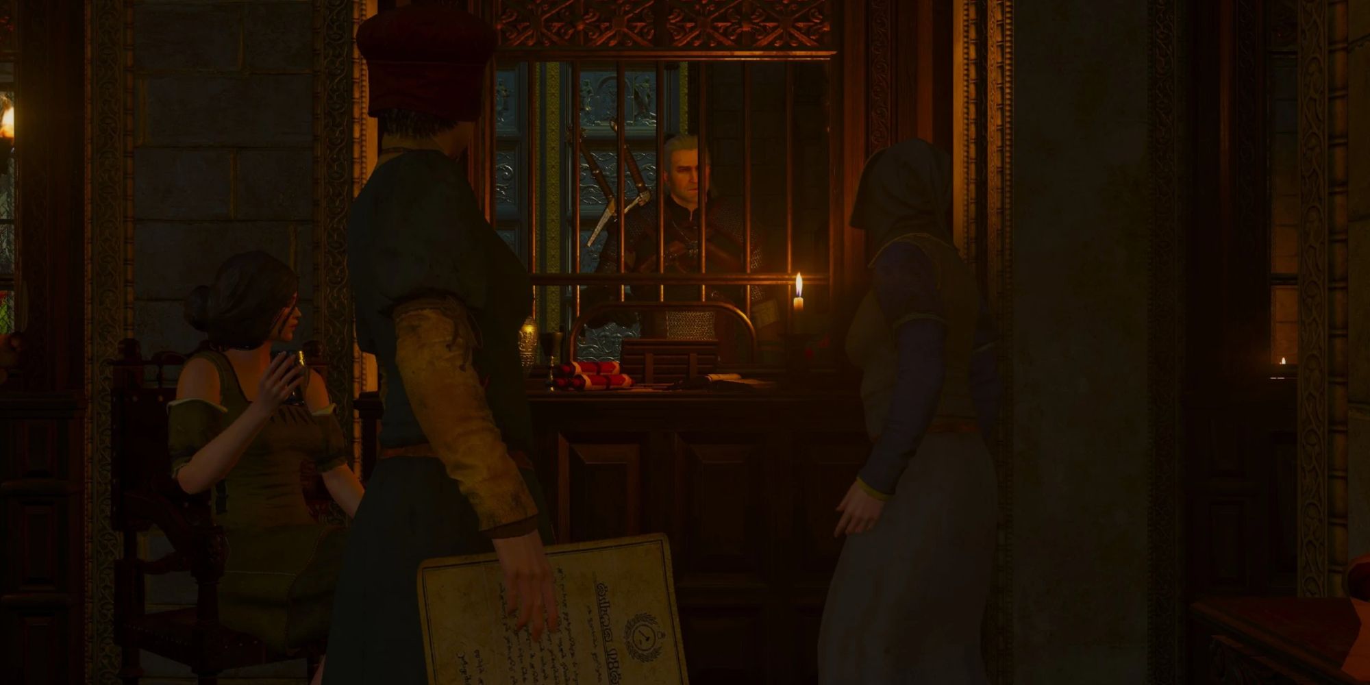 Geralt attempting to get his documents looked at in the Paperchase side quest in The Witcher 3