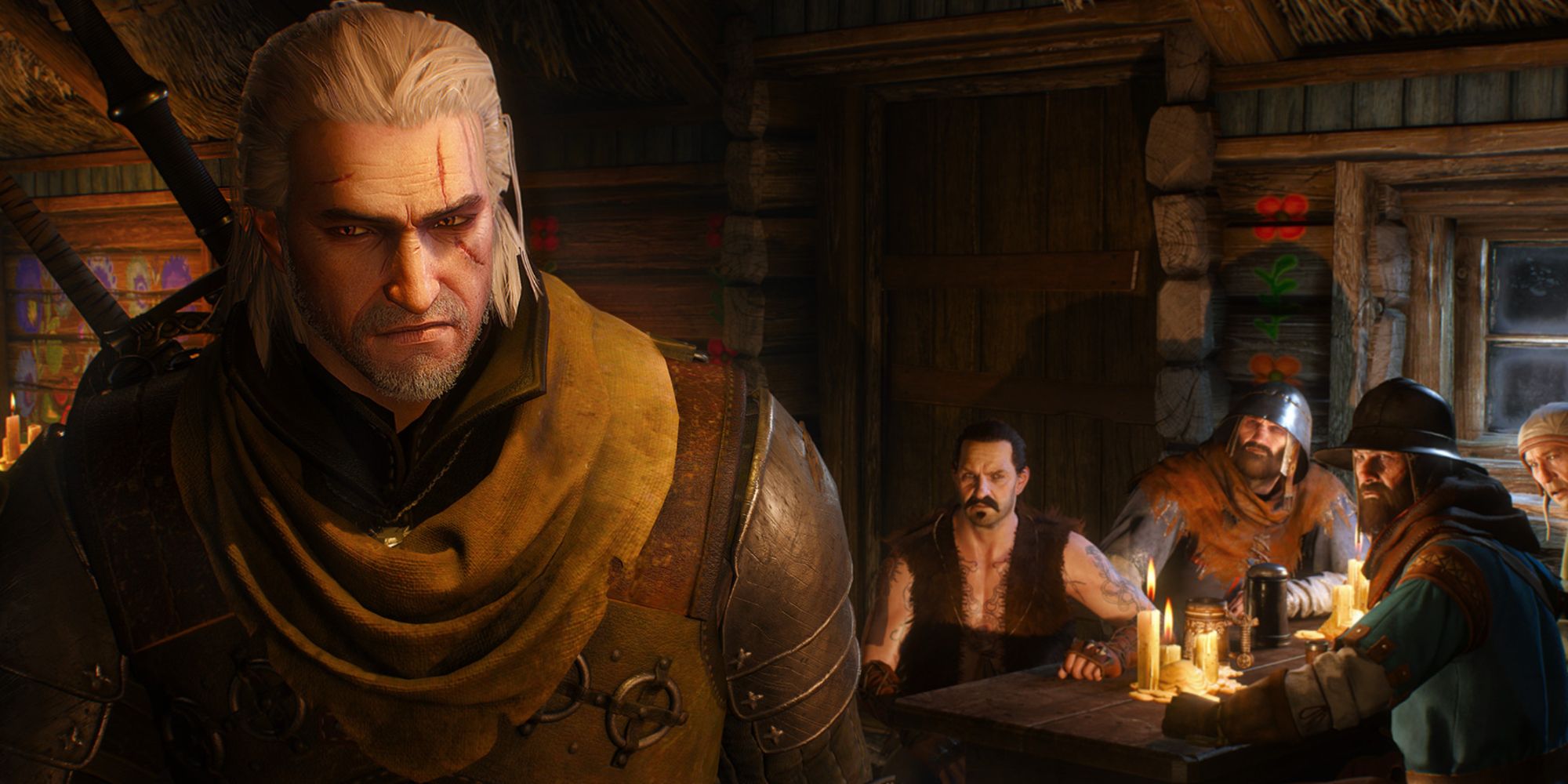 Geralt facing the camera and walking away from a group of thugs in a tavern in The Witcher 3: Wild Hunt