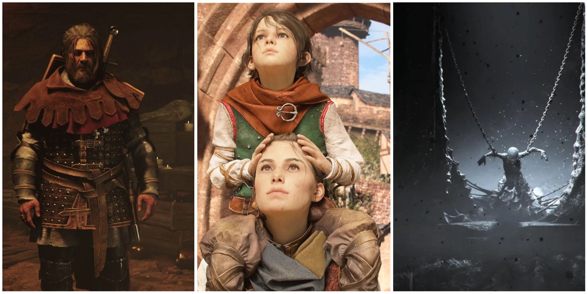 A Plague Tale: Requiem - Arnaud, Hugo sitting on Amicia's shoulders in the city, a chained up corpse  