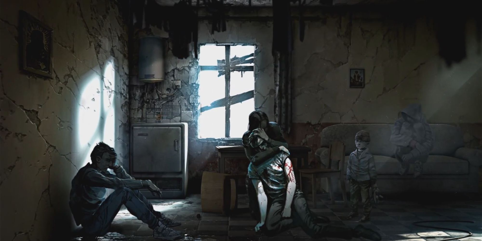 A mother surrounded by her children in a torn-down home, wounds visible on one of the boys.