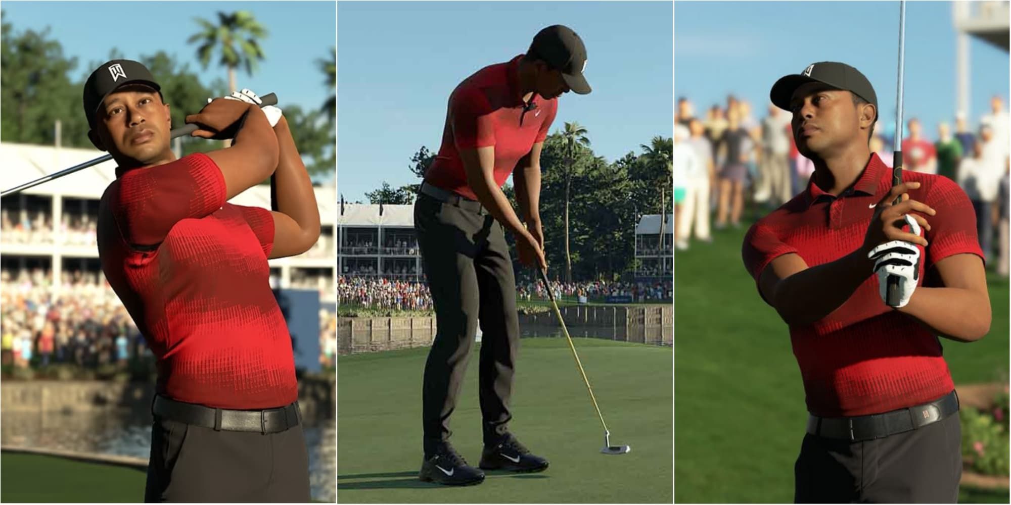 Tiger Woods is shown three times. The first is a powerful swing off the tee, the second is a short putt, and the third is a chip shot from just off the green.