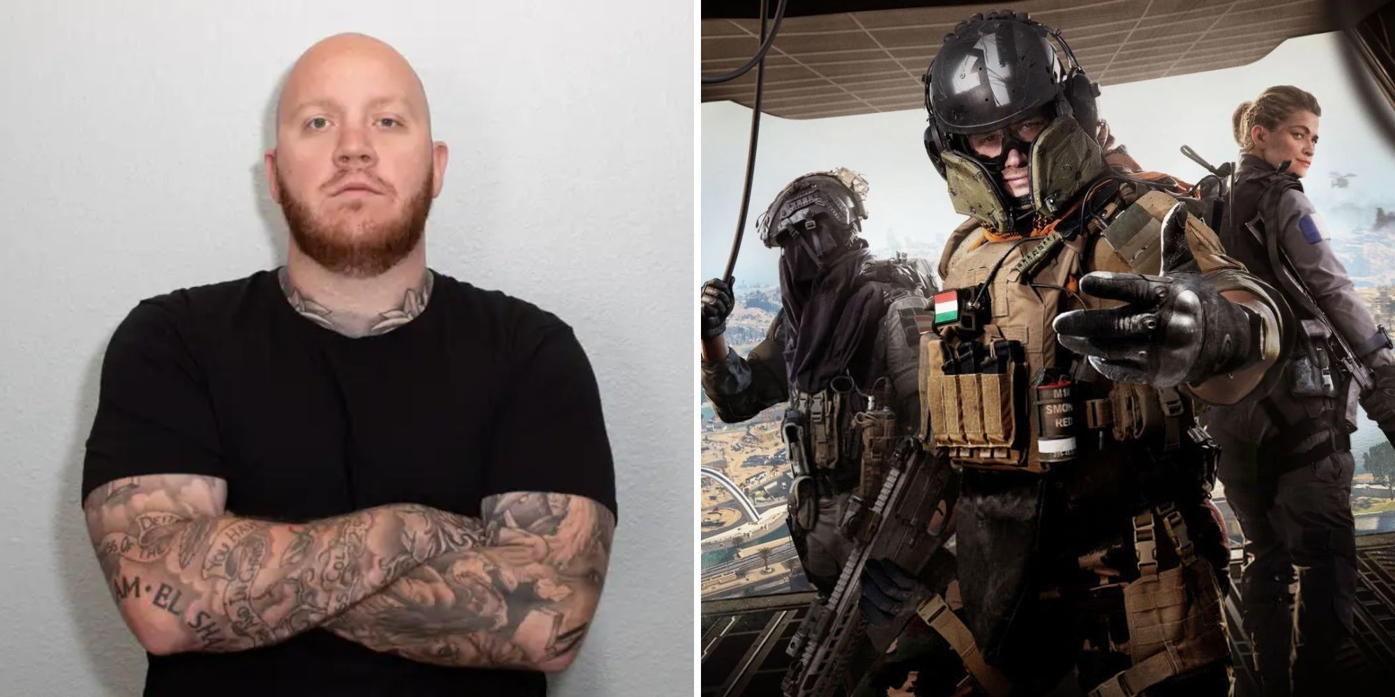 TimTheTatMan standing next to the Warzone 2 cover art