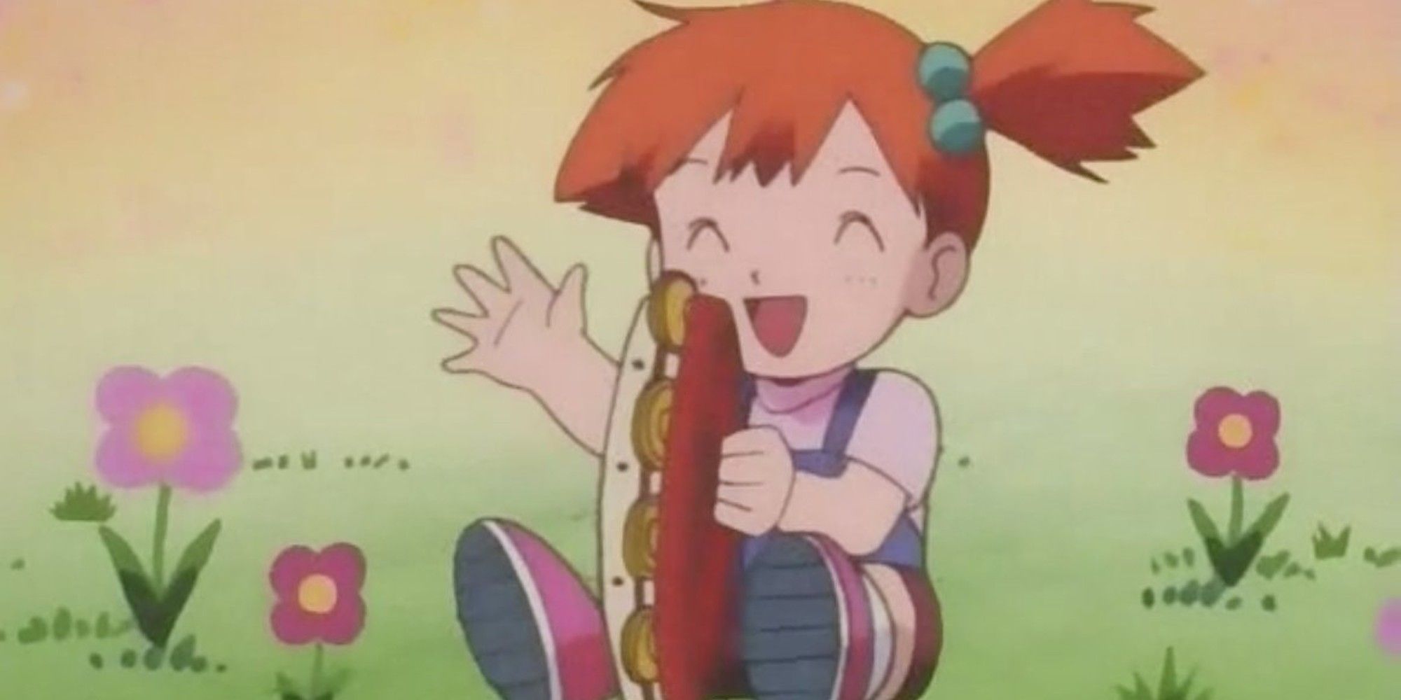 Toddler Misty from the Pokemon anime, sitting on a flower field, playing a tambourine