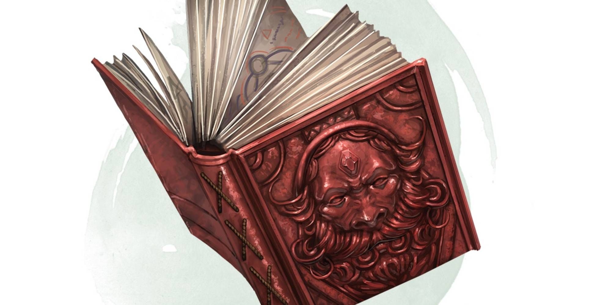 A red thick book with a bearded figure emblazoned on its cover