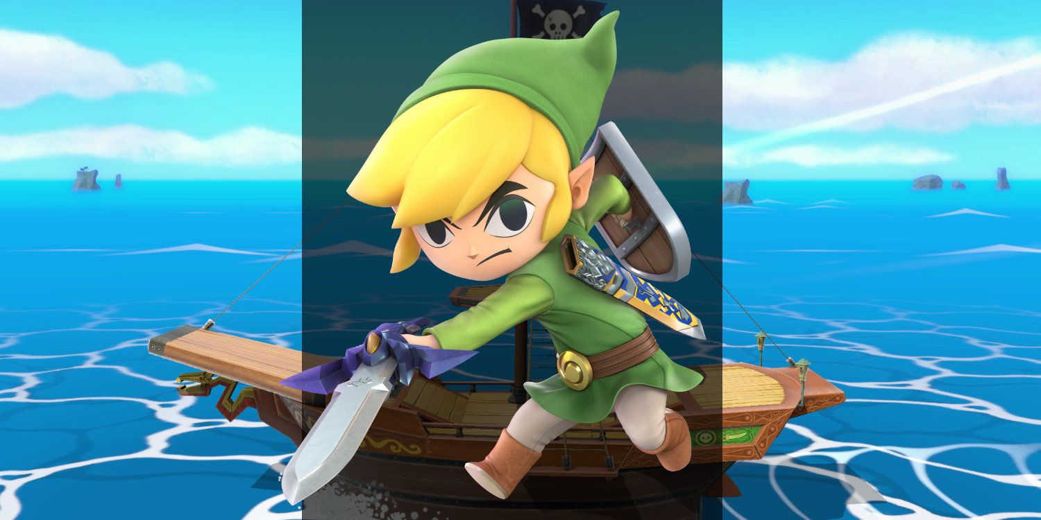 Artwork by Toon Link over the top of the Wind Waker stage in Super Smash Bros Ultimate