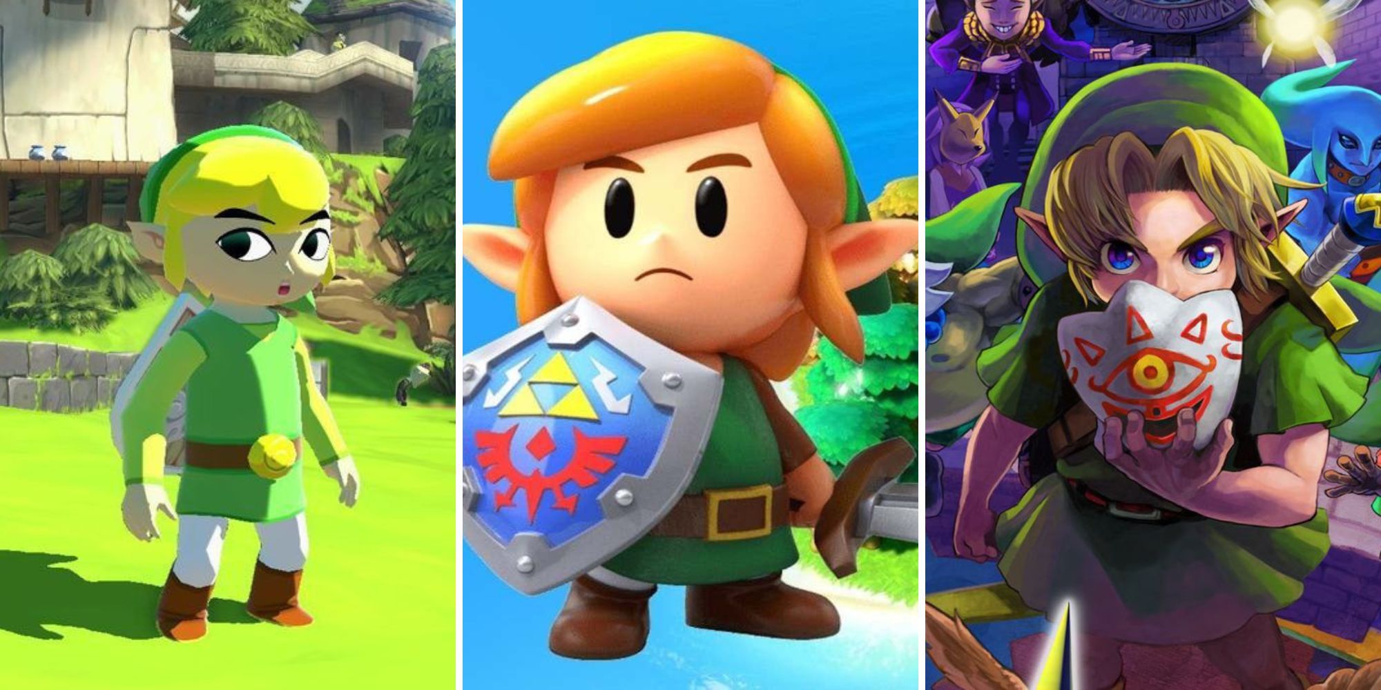 Toon Link looks over his shoulder, Link holds his shield in front of him, Young Link holds a mask to his face