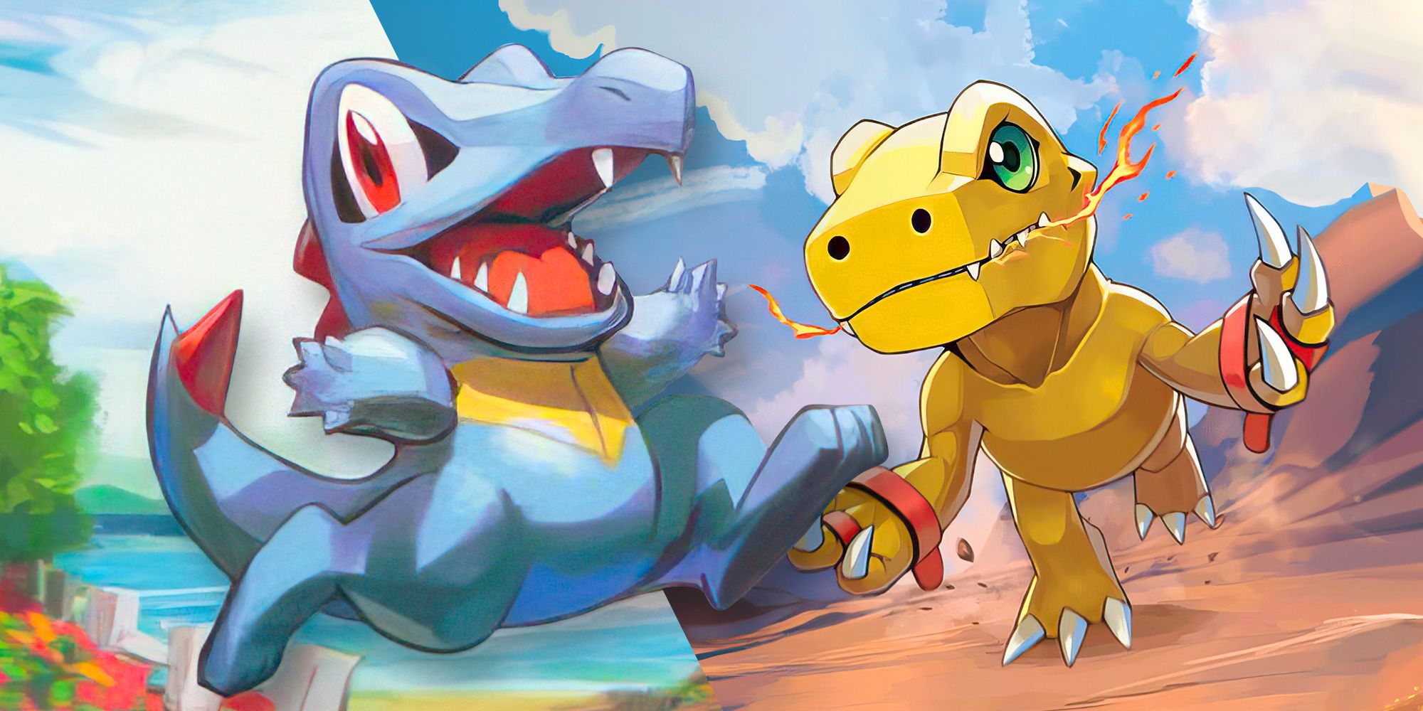 Totodile jumping out from the Pokemon universe into the Digital World