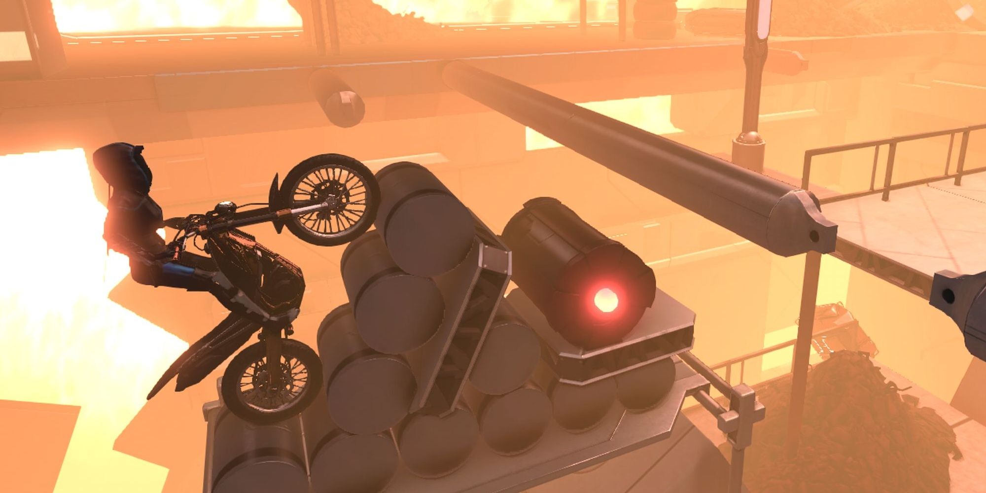 The female tester must overcome this difficult obstacle with the help of an exploding barrel in Trials Fusion.