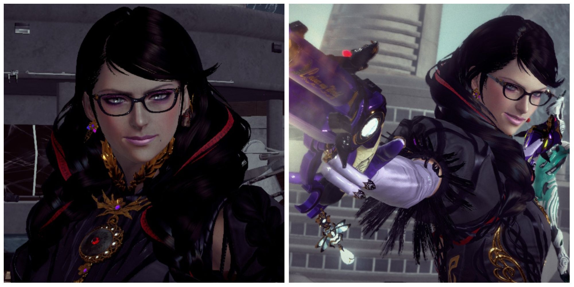 Two shots of Bayonetta, both from the prologue in Bayonetta 3.