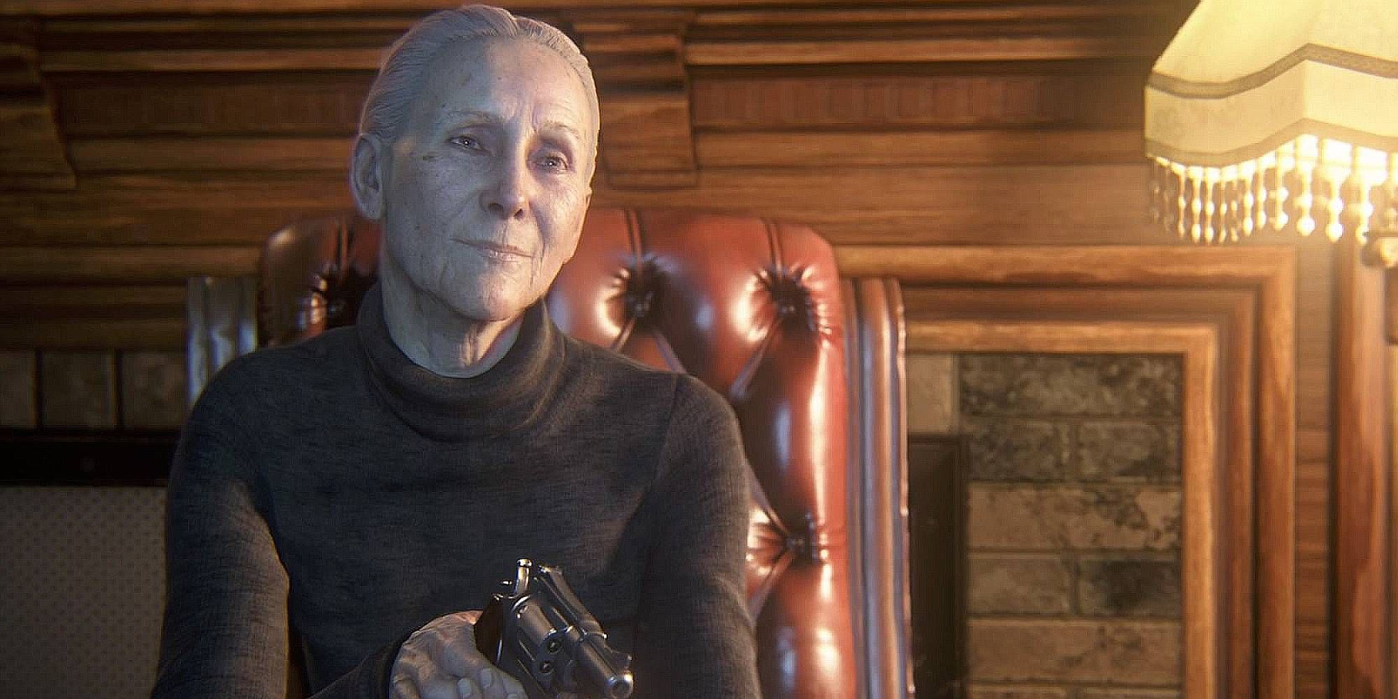 Evelyn of Uncharted 4 holding a gun