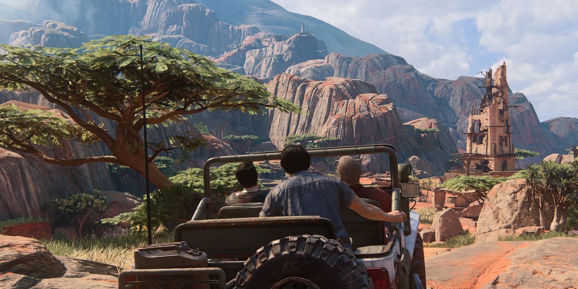 Nate, Sully and Sam driving in a jeep across Madagascar in Uncharted 4
