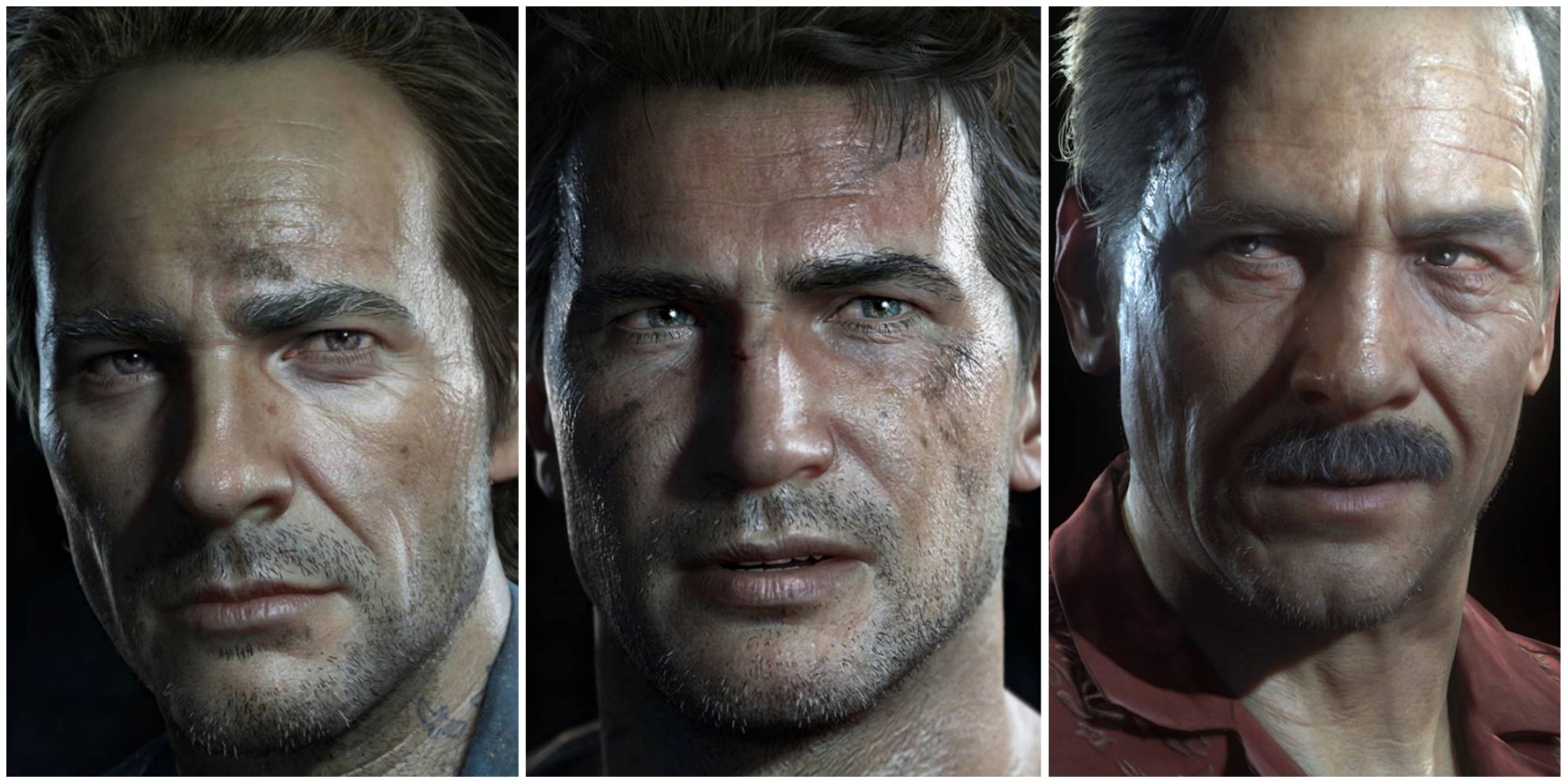 Split image of Sam Drake, Nathan Drake, and Sully.