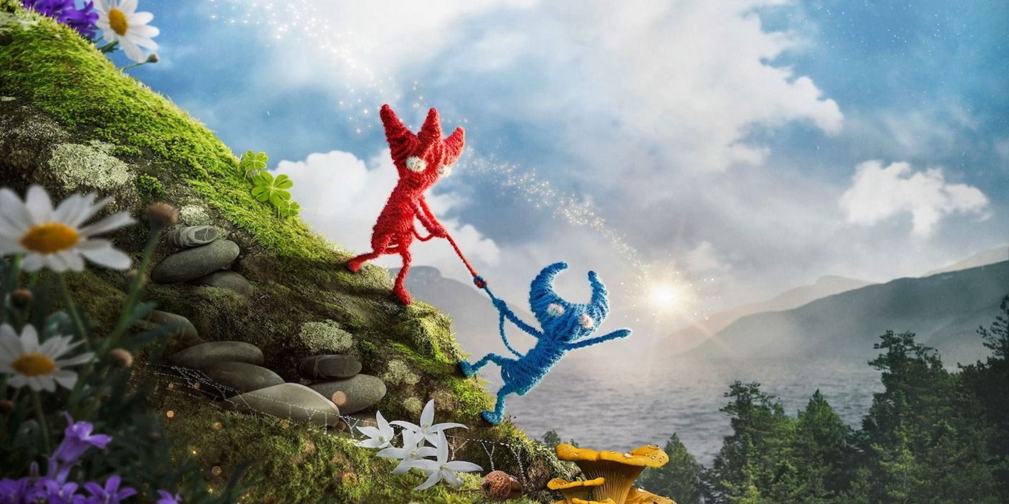 Two Yarnys climbing up a hill with the red Yarny pulling up the blue Yarny in Unravel Two.