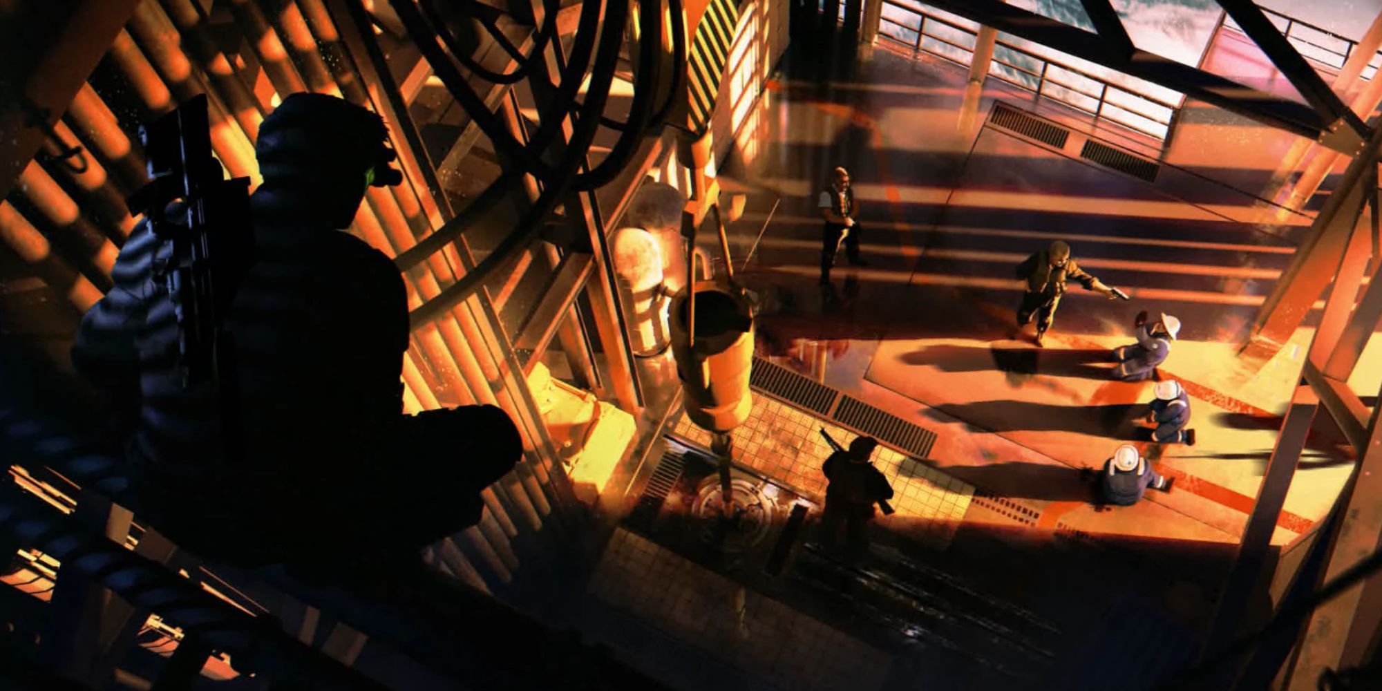 splinter cell remake first concept art Sam Fisher suspended above a lobby with hostages below