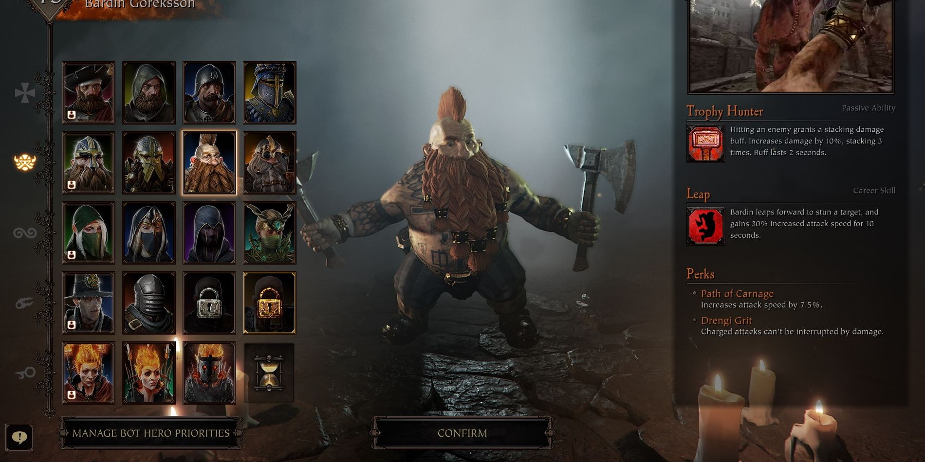 The character select screen in Vermintide 2, with Bardin as a Slayer selected.