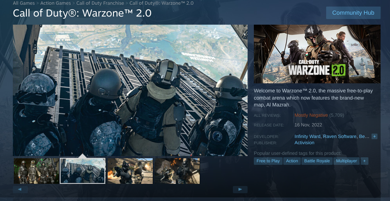 The Steam page for Warzone 2 just a few days after launch.