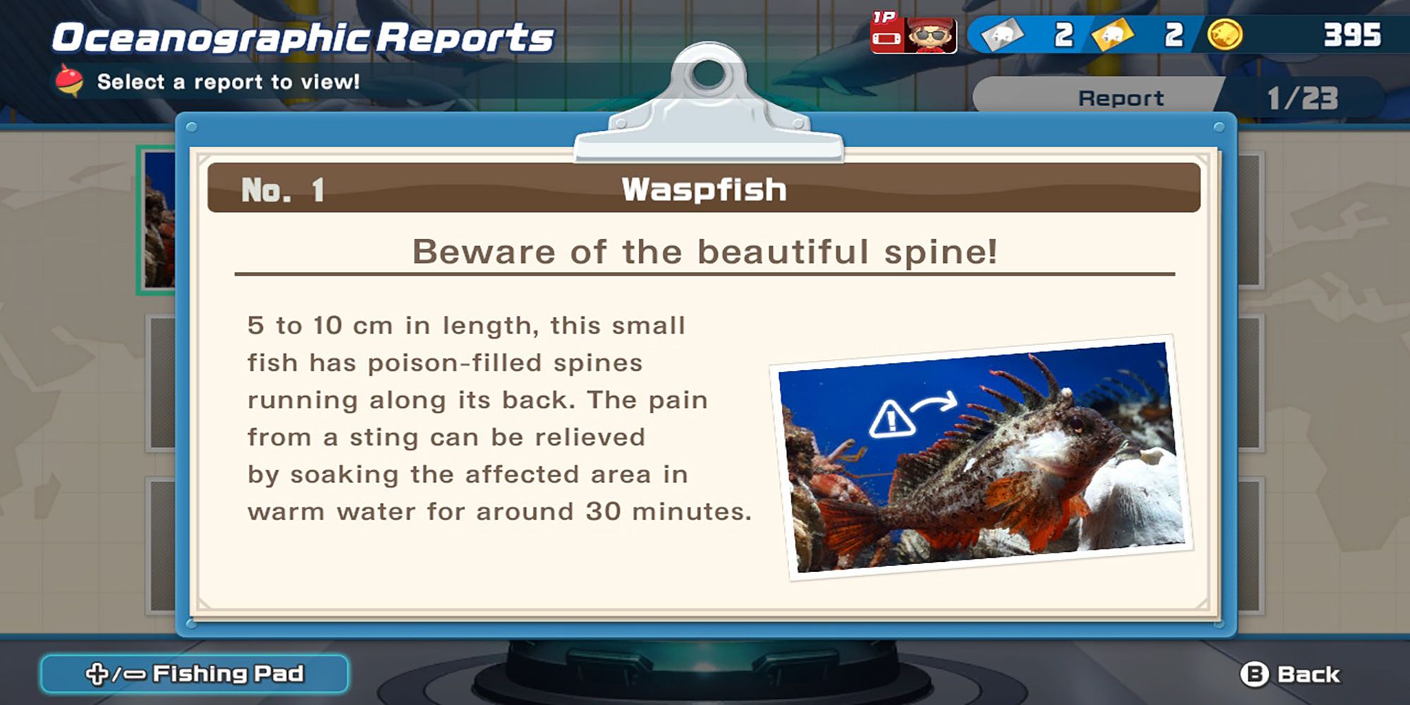 The Waspfish Oceanographic Report, pointing out its poisoned-filled spines, in Ace Angler: Fishing Spirits.