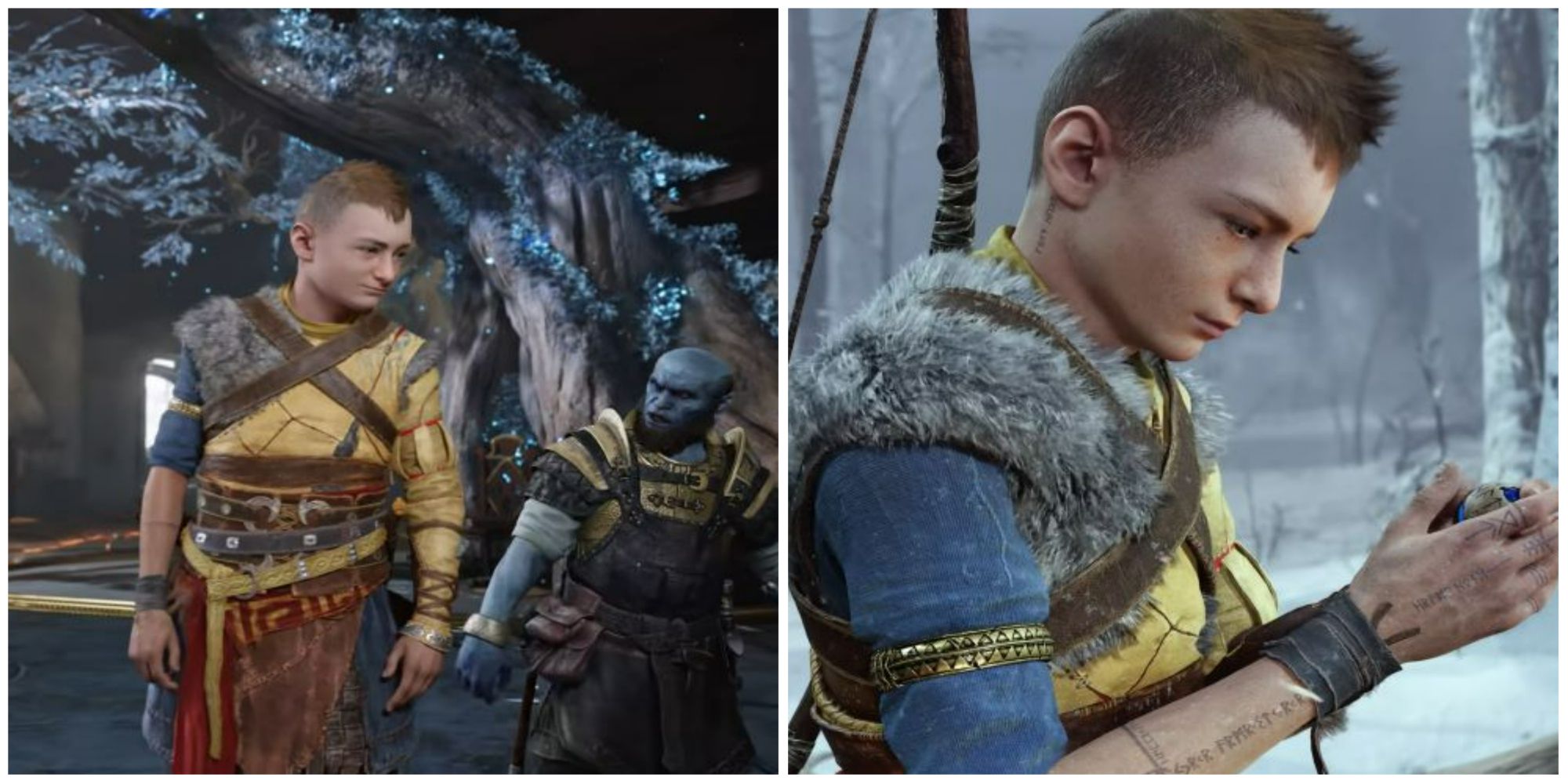 Split image of Atreus with Brok and Giant marble