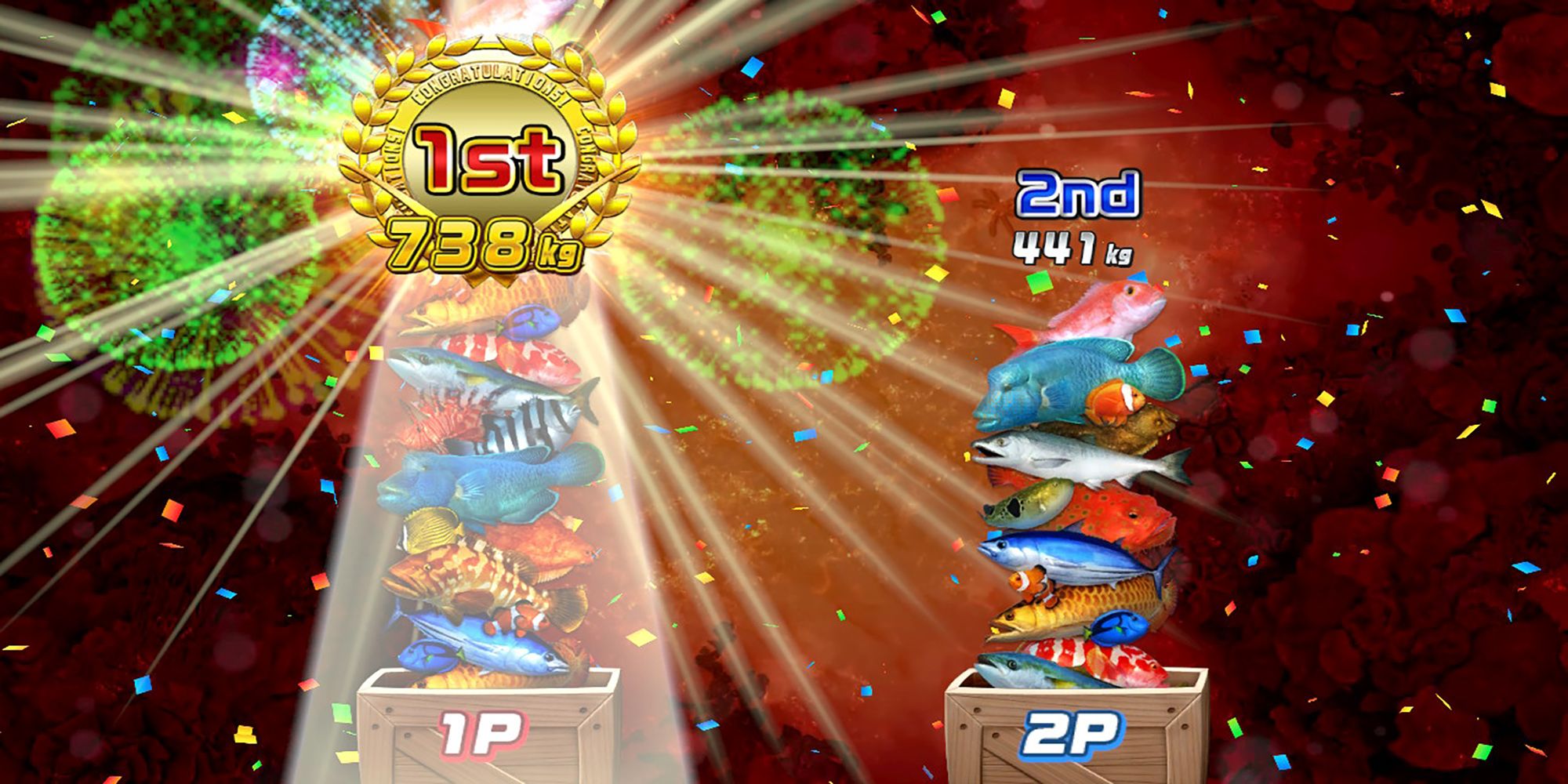 Player One touts a winning pile of fish after a Weight Competition in Ace Angler: Fishing Spirits.