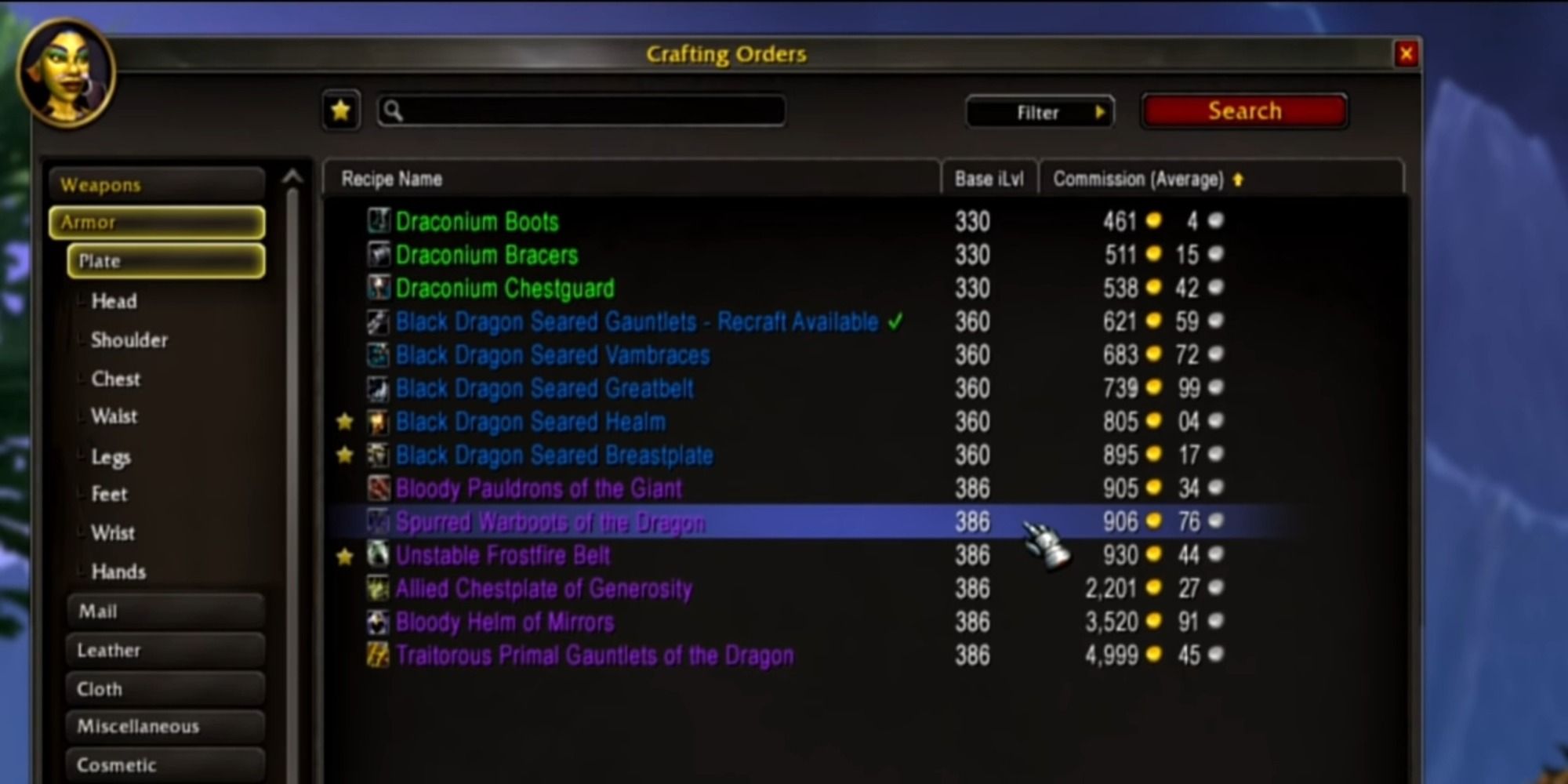 World of Warcraft Dragonflight Crafting Orders menu