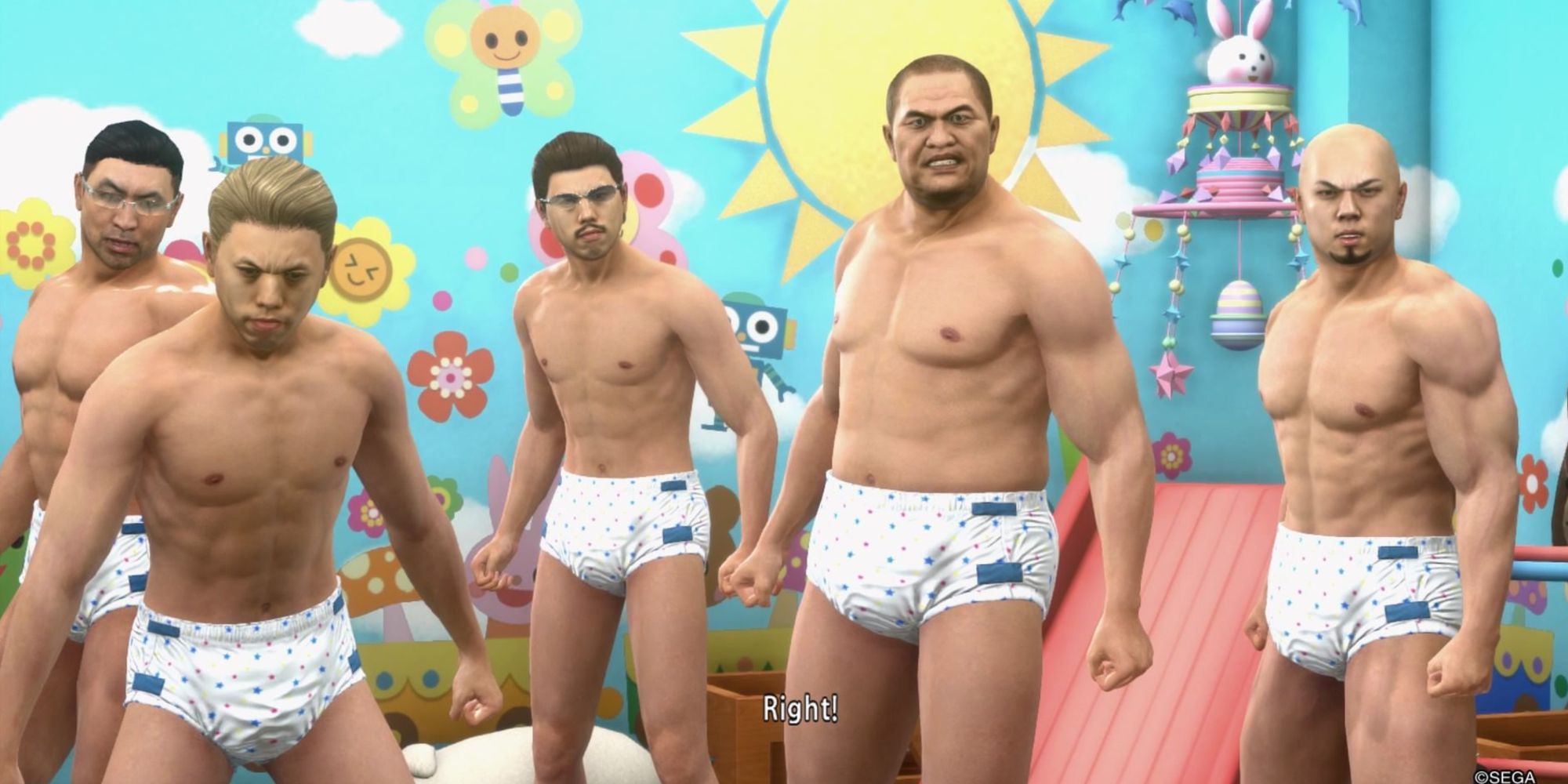 A group of thugs dressed in only baby diapers during the Be My Baby side quest in Yakuza Kiwami 2