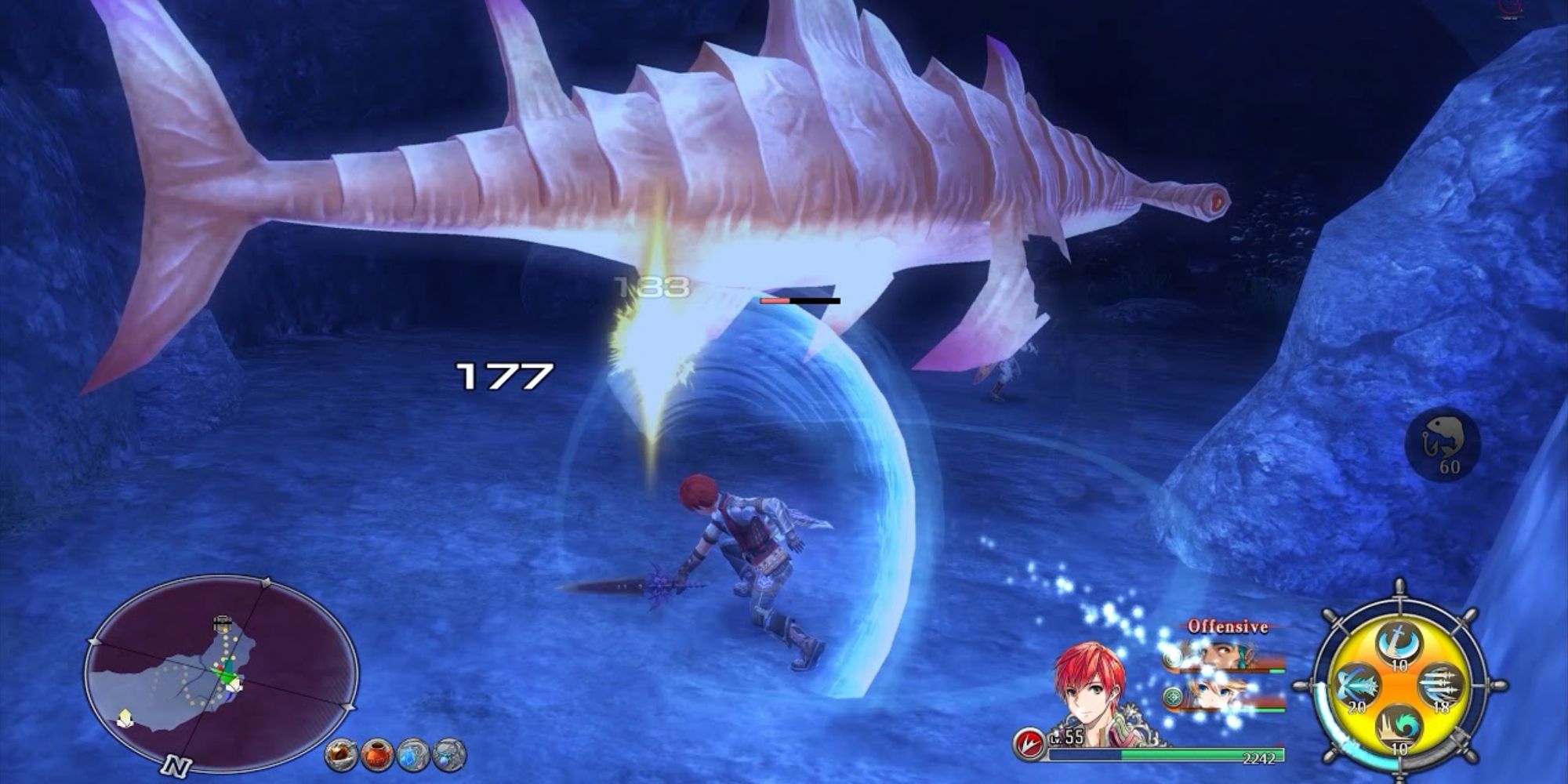 Fighting underwater with the Hermit's Scale Adventure Gear in Ys 8: Lacrimosa of Dana