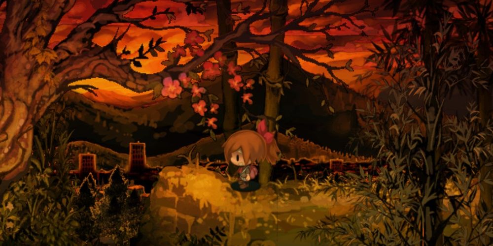 Yui in the forest in Yomawari: Midnight Shadows. 