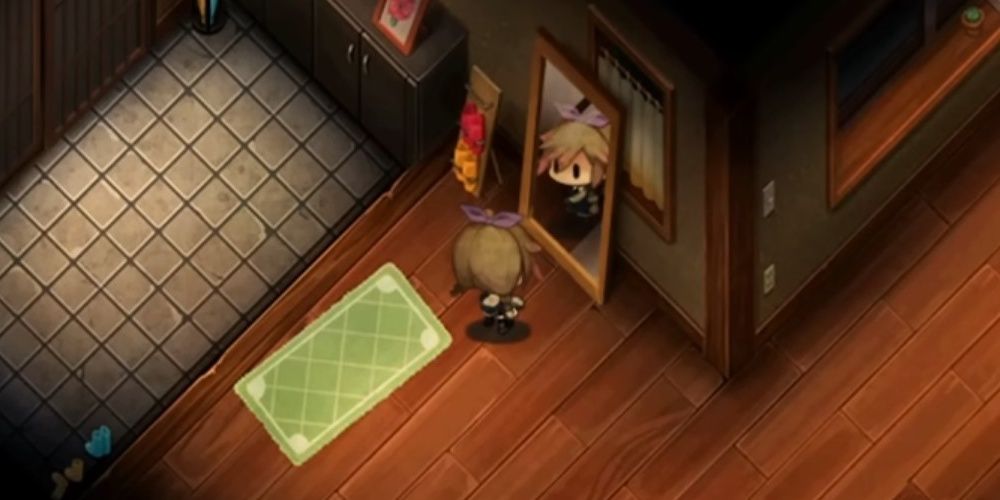 Yuzu looking in the mirror of her house in Yomawari: Lost in the Dark.