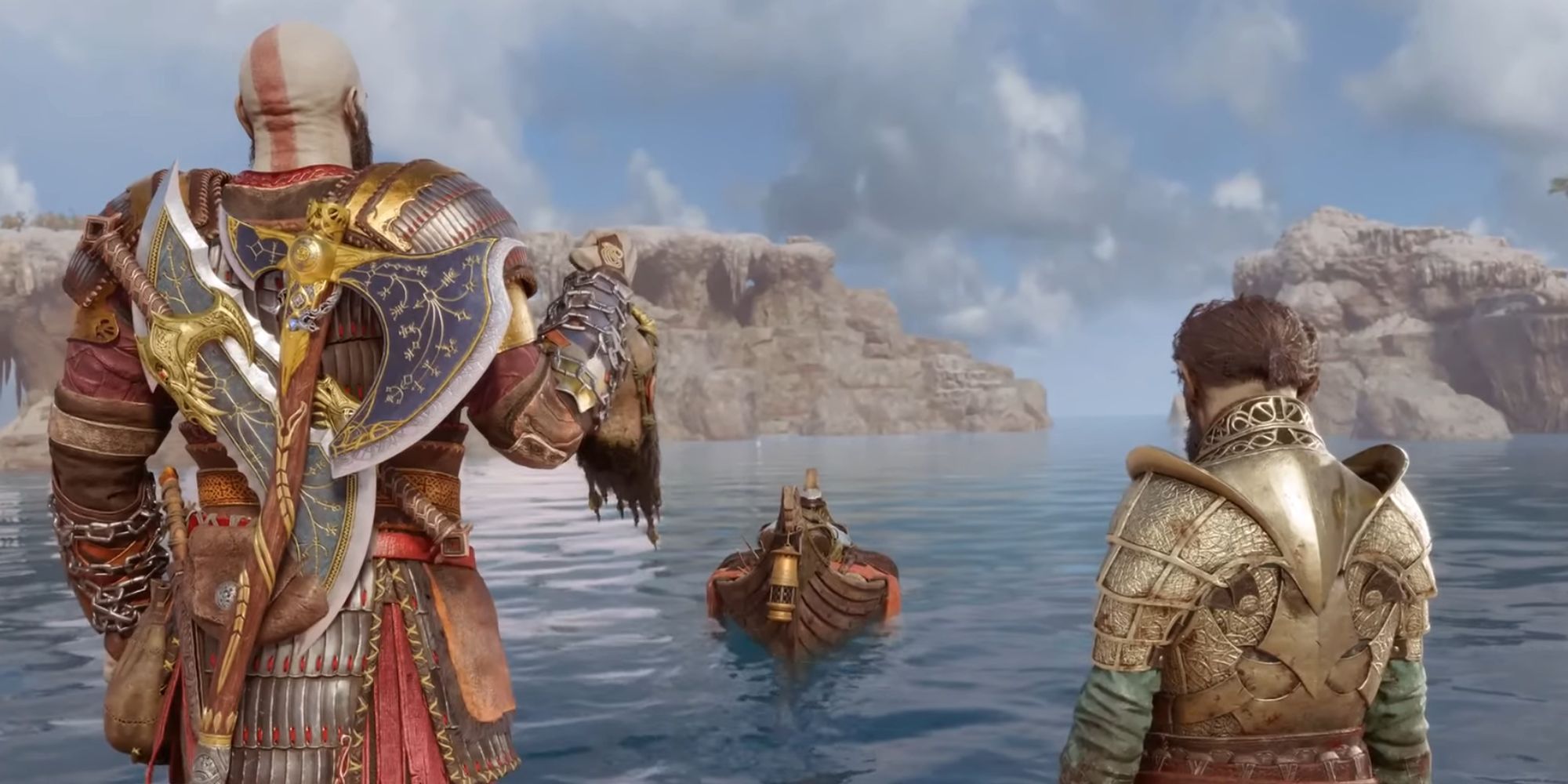 Kratos holding Mimir's head and standing next to Sindri. All three stand watching as Brok's body pushes forward on a boat.