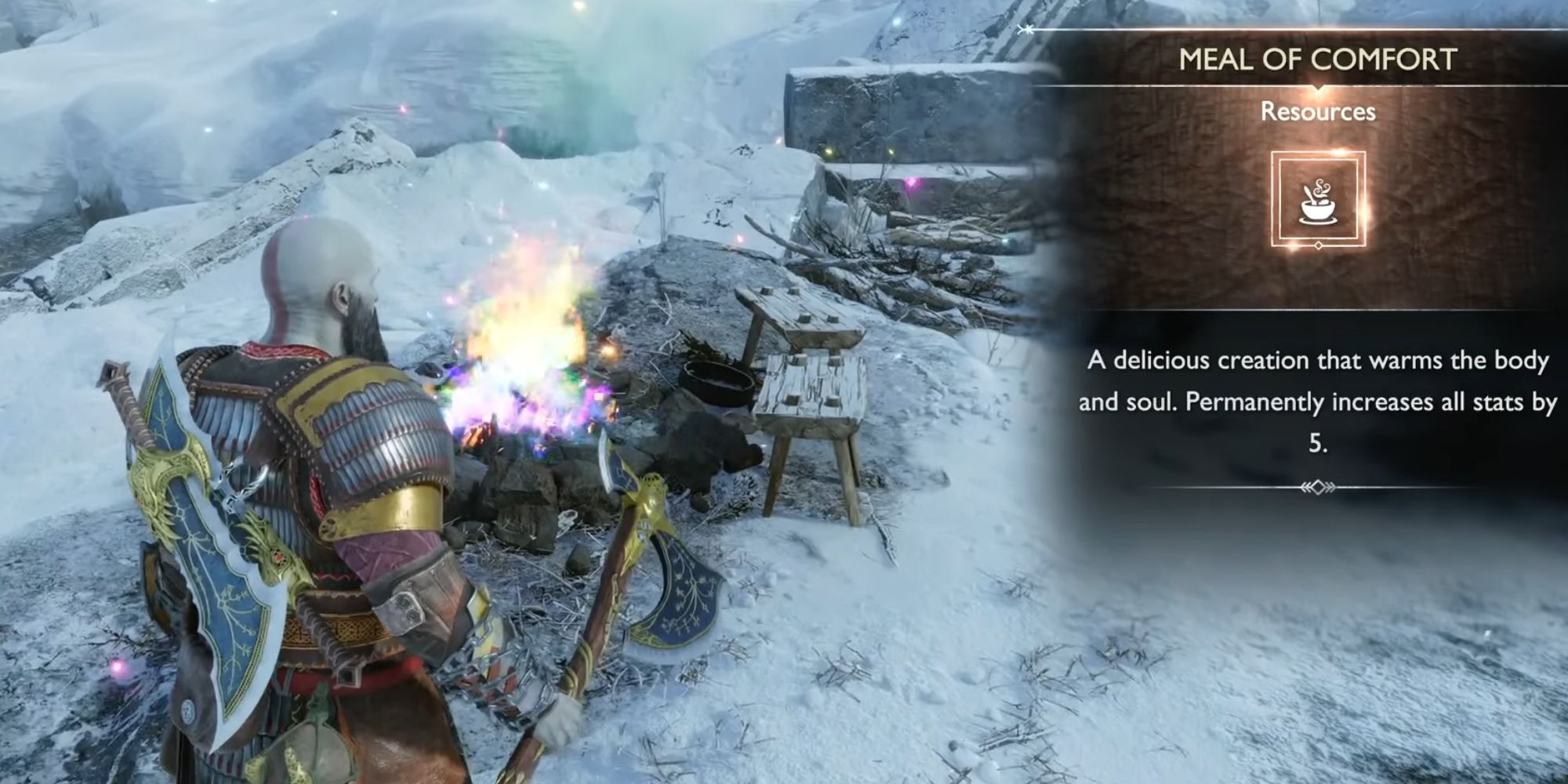 Kratos is holding his axe in his right hand with a fire of various colors burning bright in front of him. On the right is the reward the player has just earned for completing a side quest.