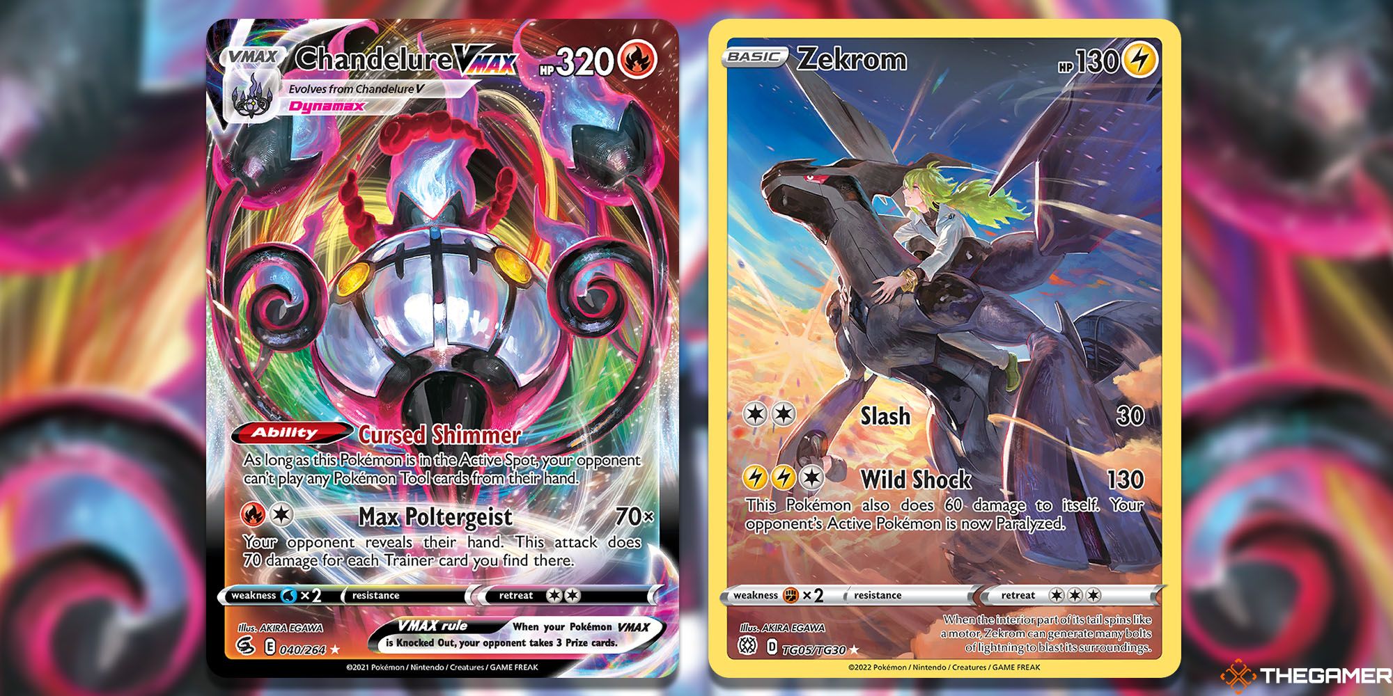 Split image screenshots of Akira Egawa's Chandelure and Zekrom cards.