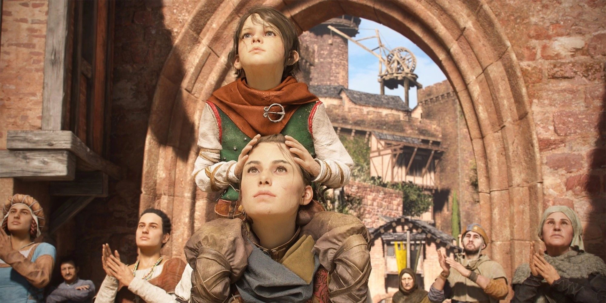 amicia and hugo watching a parade a plague tale requiem