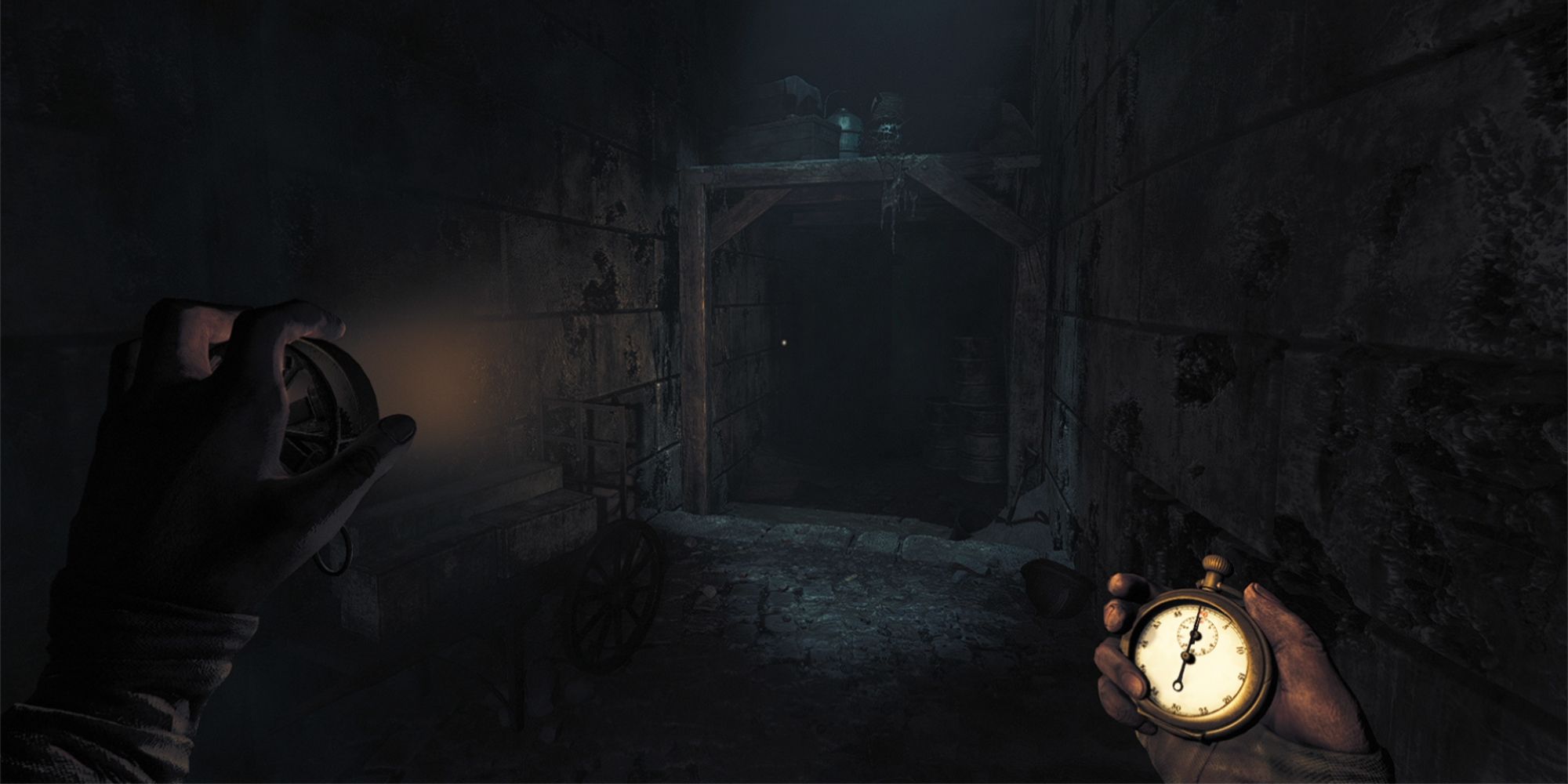 First-person view of someone walking down a dark corridor with a light and stopwatch in their hands