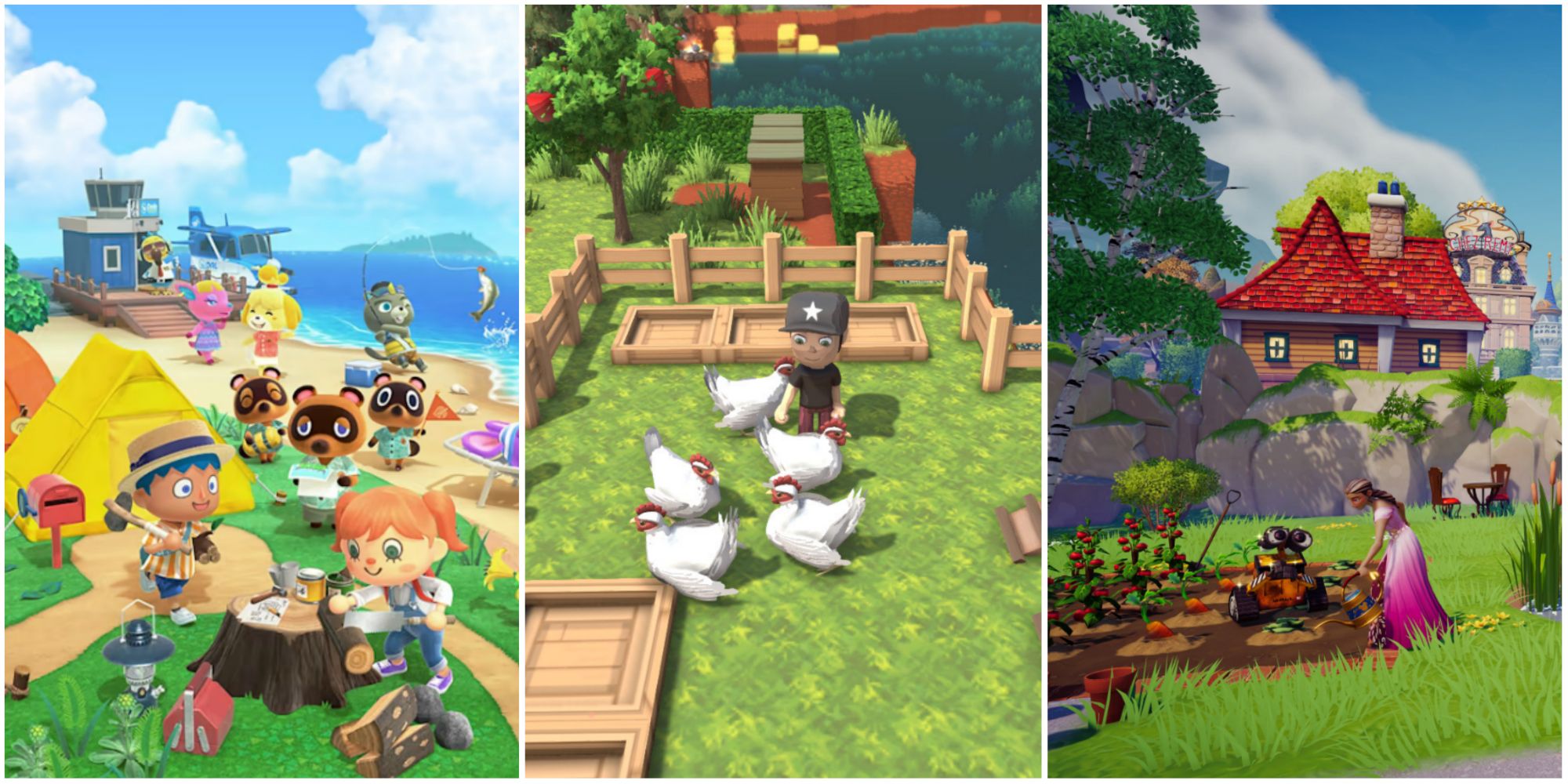 animal crossing new horizons villagers working, dinkum character with chickens, disney dreamlight valley princess farming featured