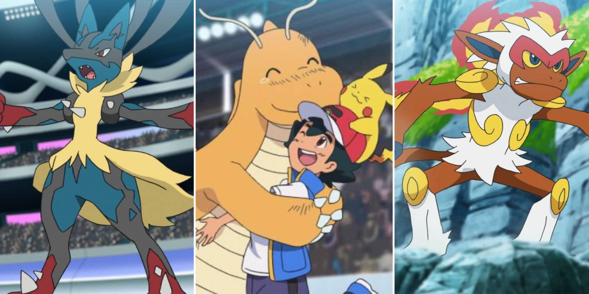 Ash Ketchum's Mega Lucario, Dragonite, Pikachu, and Infernape, Pokemon Journeys Anime