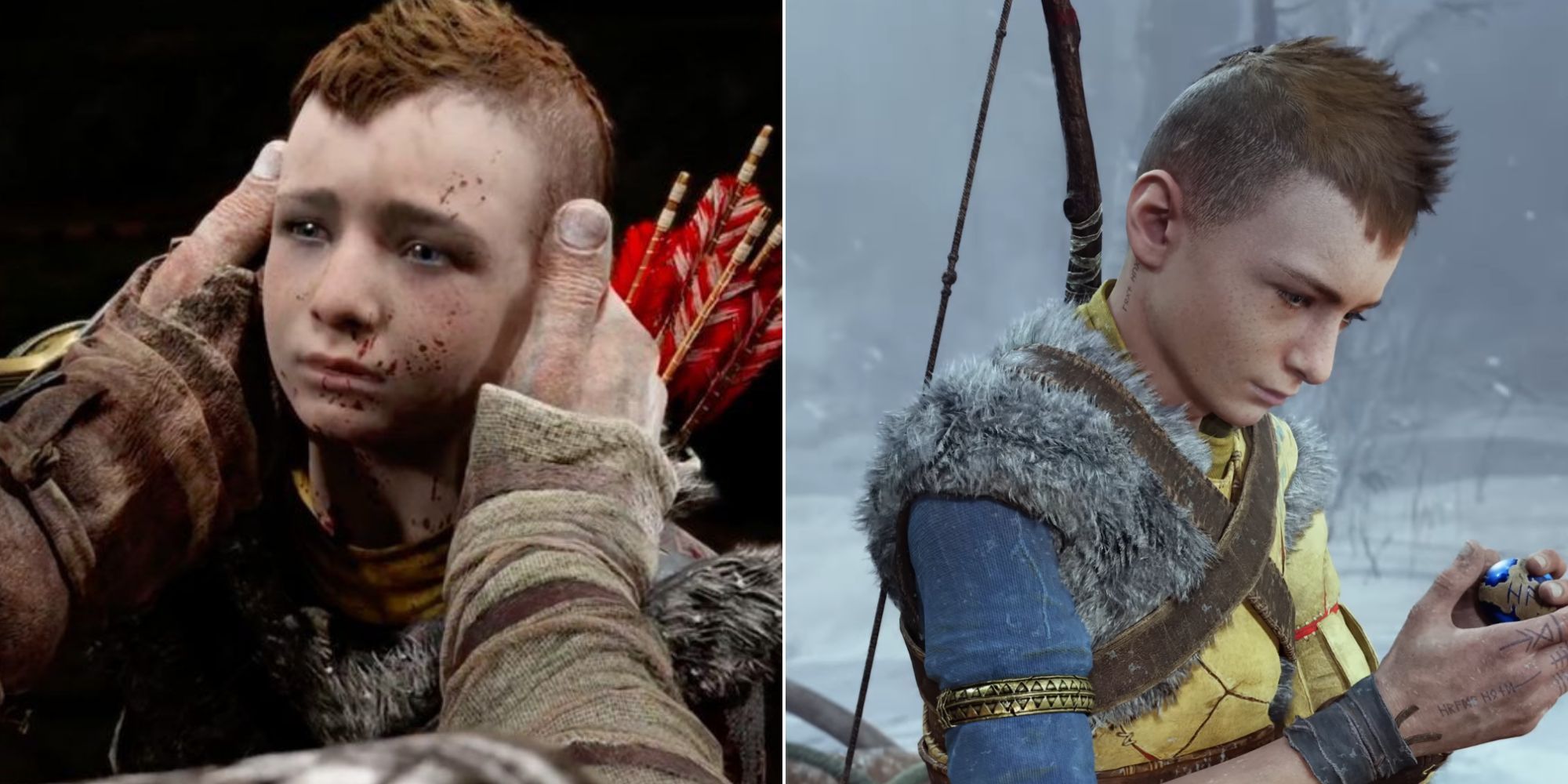 Split image of God of War Atreus. On the left is a photo of Kratos holding Atreus' head in his hands, from the 2018 game. On the right is Ragnarok Atreus looking at a strange ball in his hand.