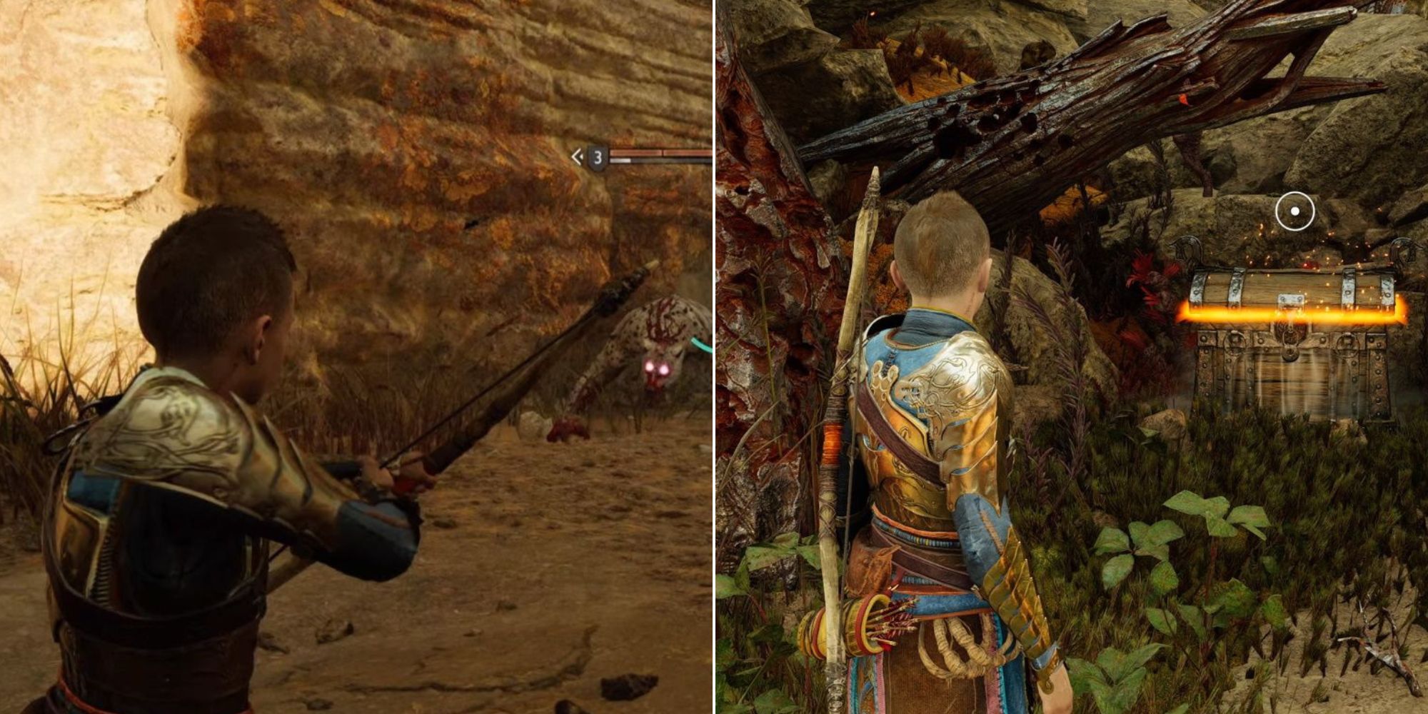 Split image with two photos. The left is Atreus starting to aim his bow at an enemy slightly off screen. The right photo is Atreus looking at an unopened Hacksilver loot chest.