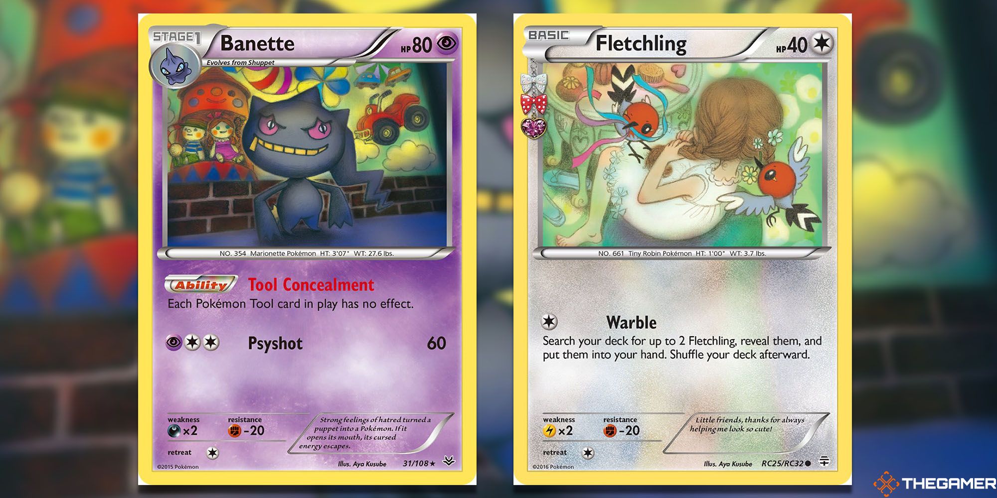 Aya Kusube's Banette and Fletchling cards.