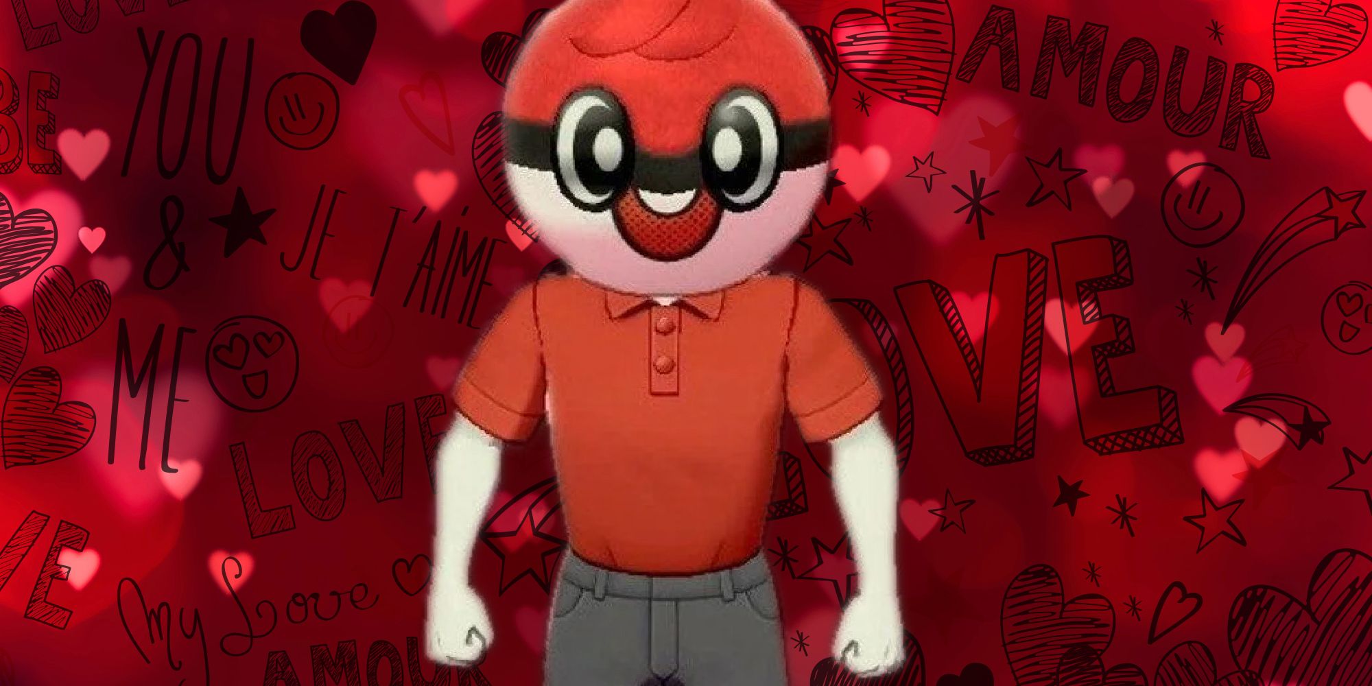 ball guy from pokemon surrounded by lovehearts and the word love