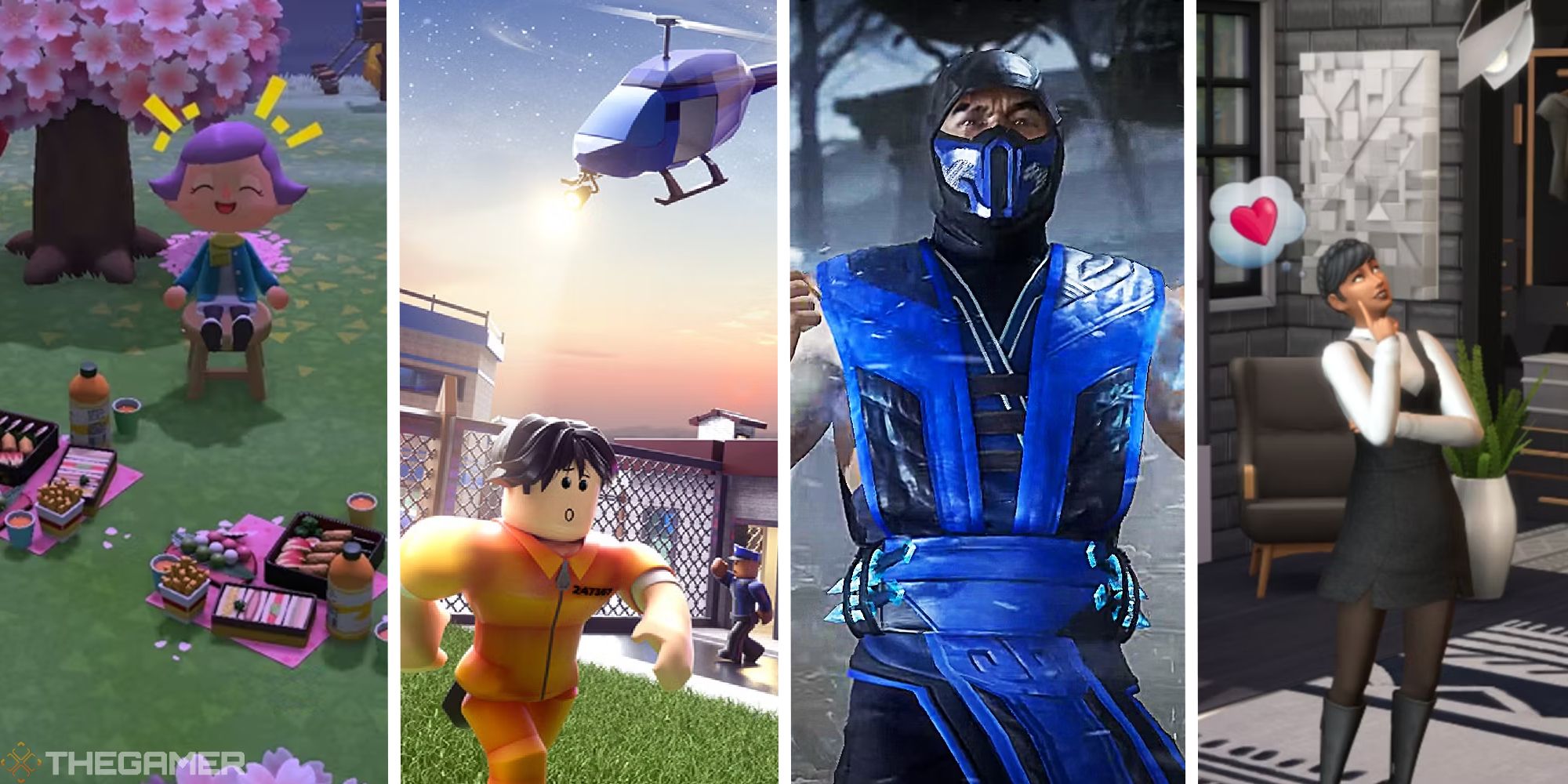 split image with animal crossing, roblox, mortal kombat, and the sims