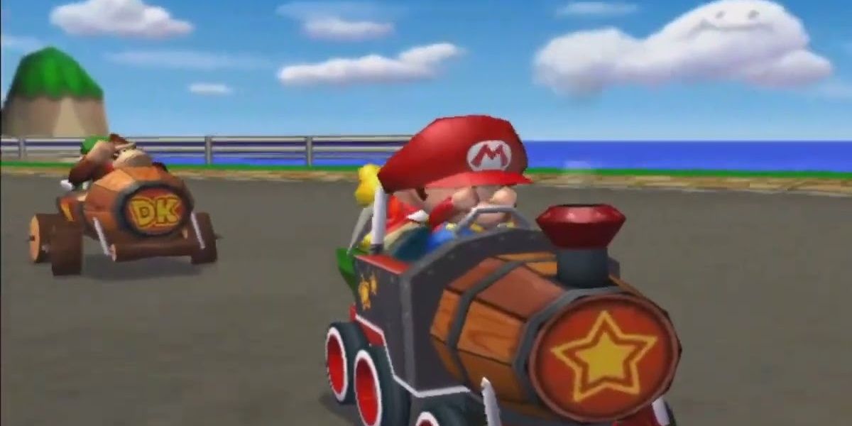 Baby Mario and Donkey Kong drive Barrel Trains in Mario Kart Double Dash