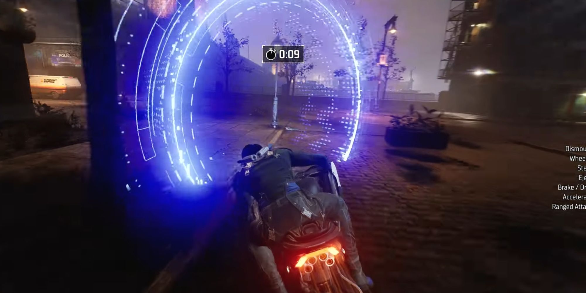 Gotham Knights Nightwing riding a bike and going through blue glowing checkpoints.
