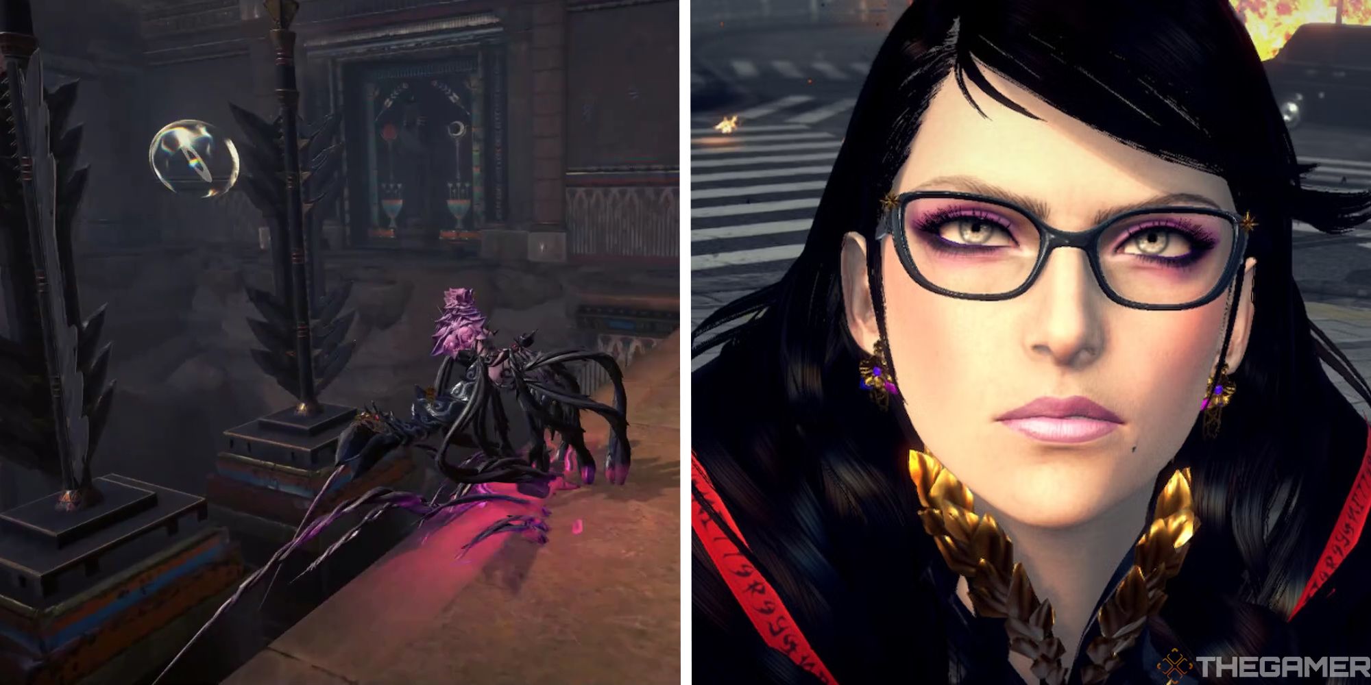 split image with close up of bayonetta and record location