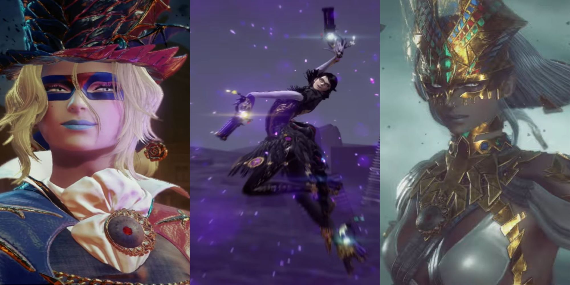 β4 Bayonetta with a smirk on her face, Bayonetta posing while surrounded by a purple effect, and β3 Bayonetta grimacing, left to right