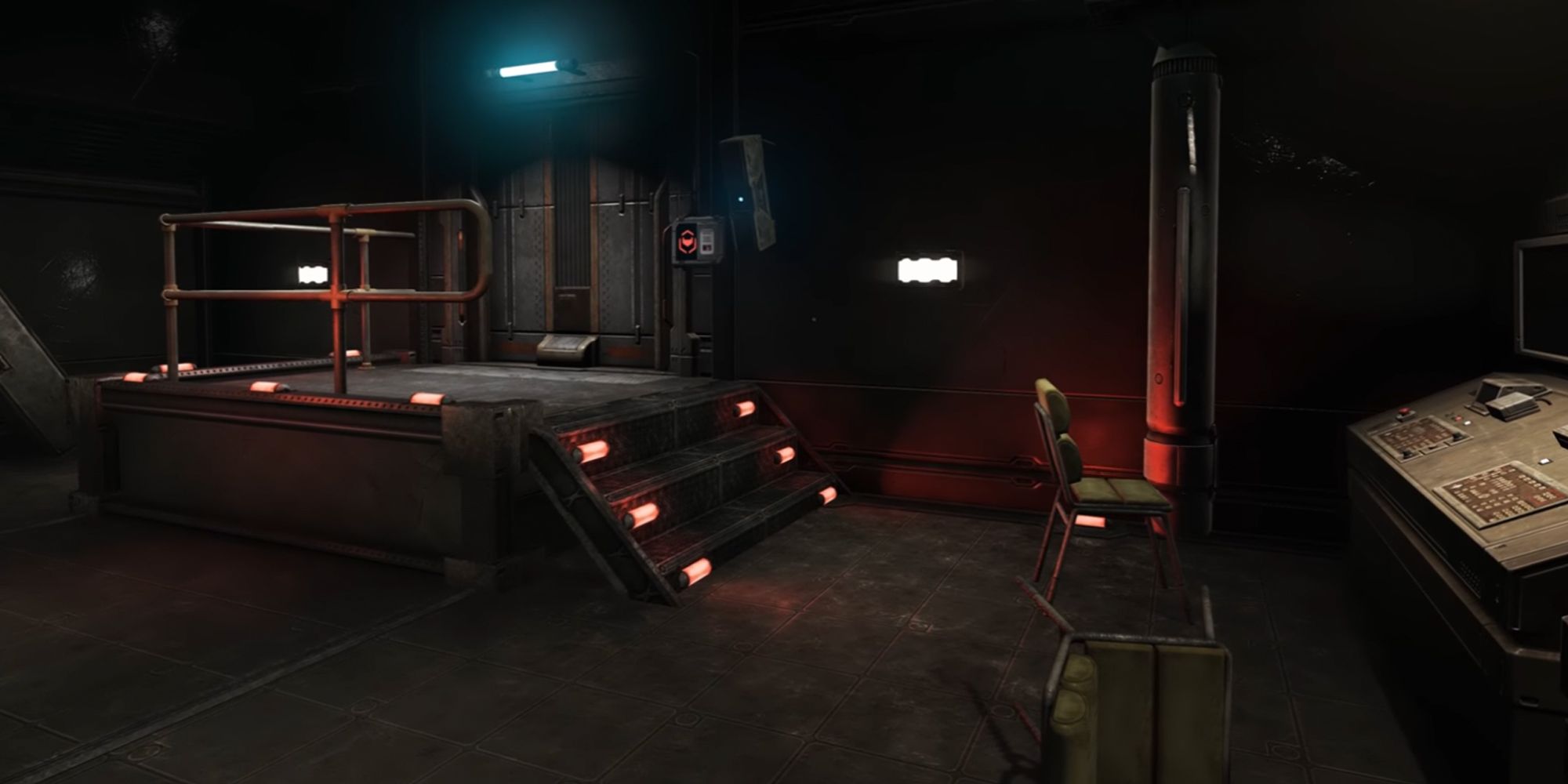 Soma protagonist facing a locked door. The room is dimly lit with faint red glows keeping the room visible.