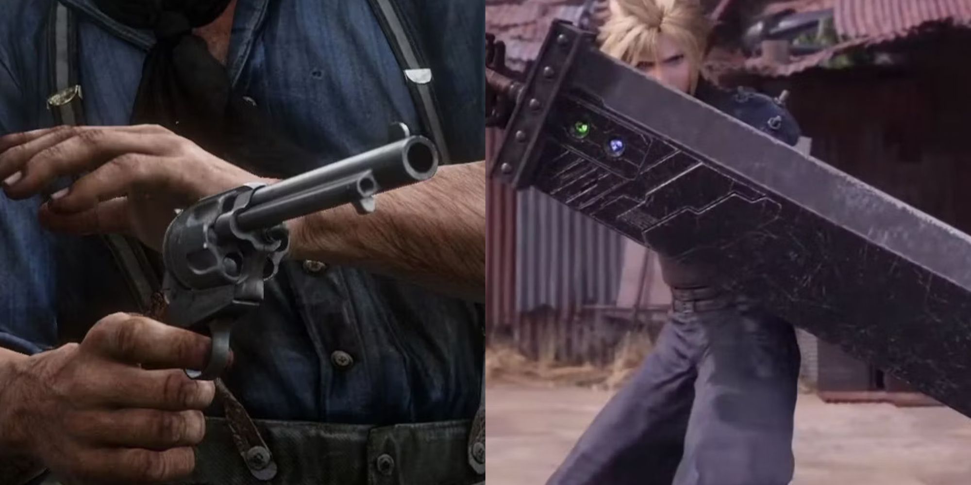 Arthur Morgan with the Cattleman Revolver in Red Dead Redemption 2 / Cloud Strife with the Buster Sword In Final Fantasy 7 Remake