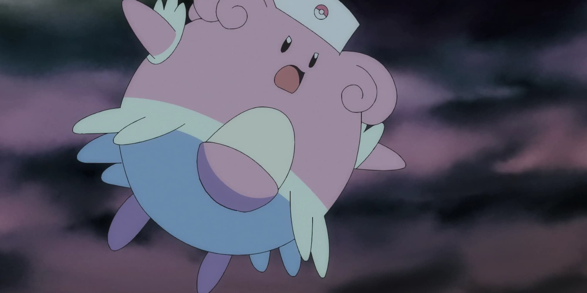 Blissey leaps into action with a determined look on its face.