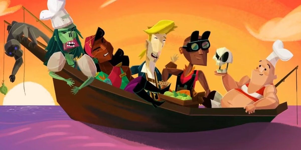 Guybrush in a boat with Putra, Carla, the Locksmith, the Chef, and Murray in Return to Monkey Island