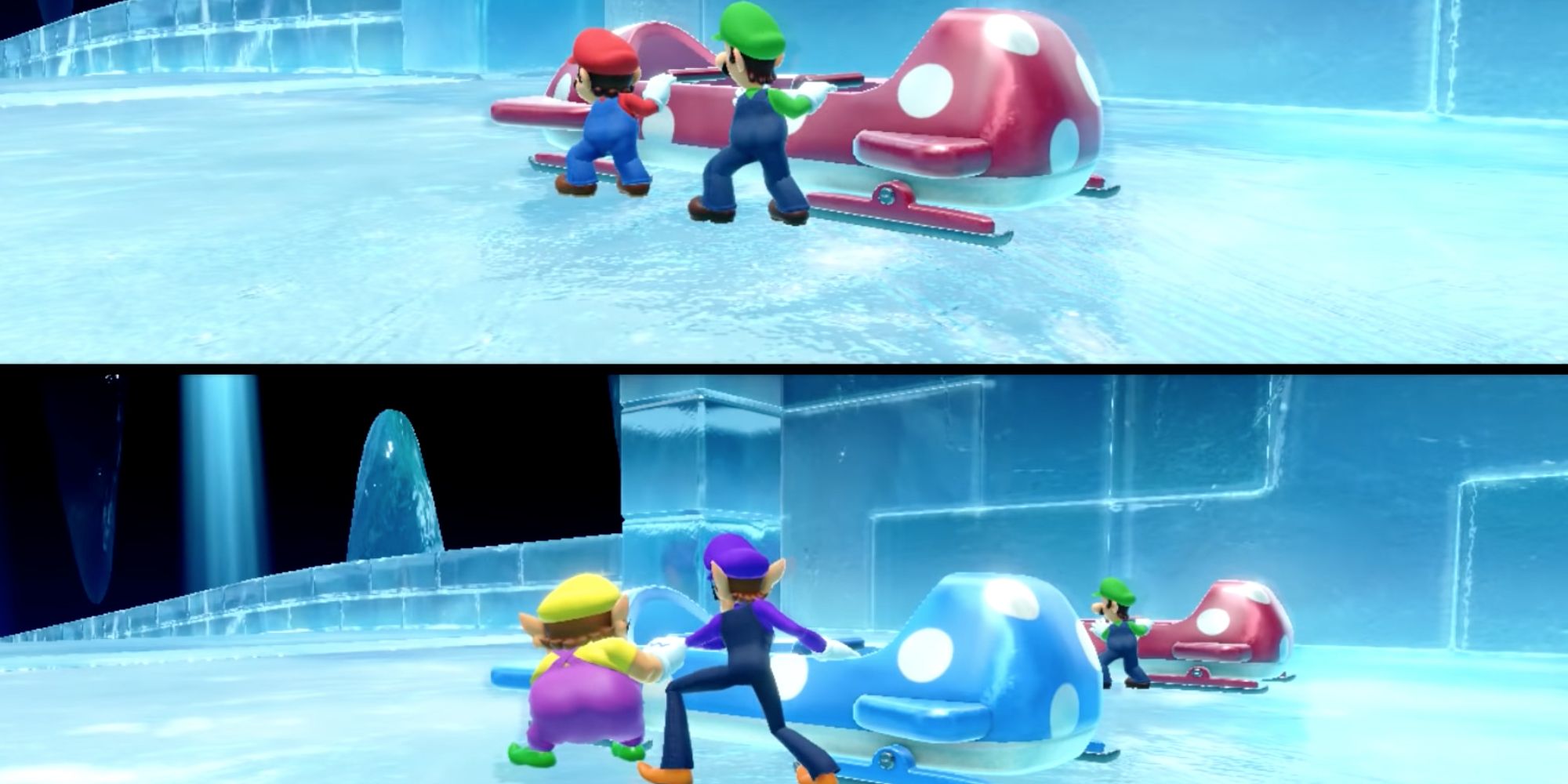 Bobsled Run from Mario Party Featuring Mario, Luigi, Wario, and Waluigi